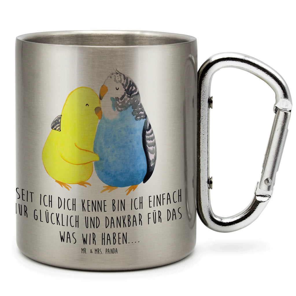 Edelstahlbecher Wellensittich Liebe Edelstahltasse, Karabiner, Edelstahlbecher, Outdoor, Camping, Tasse, Becher, Liebe, Partner, Freund, Freundin, Ehemann, Ehefrau, Heiraten, Verlobung, Heiratsantrag, Liebesgeschenk, Jahrestag, Hocheitstag, Vögel, Wellensittich, Nähe, Kuscheln, Vertrauen