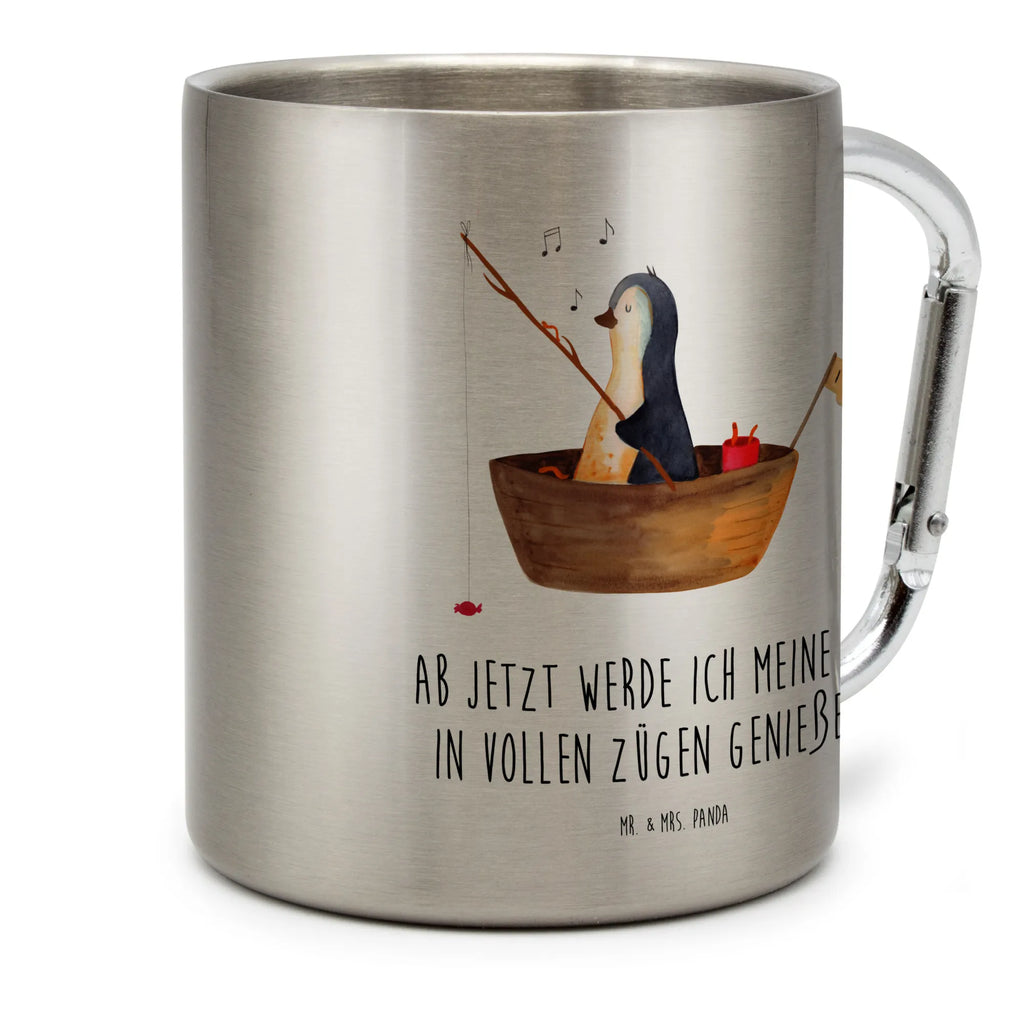 Edelstahlbecher Pinguin Angelboot Edelstahltasse, Karabiner, Edelstahlbecher, Outdoor, Camping, Tasse, Becher, Pinguin, Pinguine, Angeln, Boot, Angelboot, Lebenslust, Leben, genießen, Motivation, Neustart, Neuanfang, Trennung, Scheidung, Geschenkidee Liebeskummer