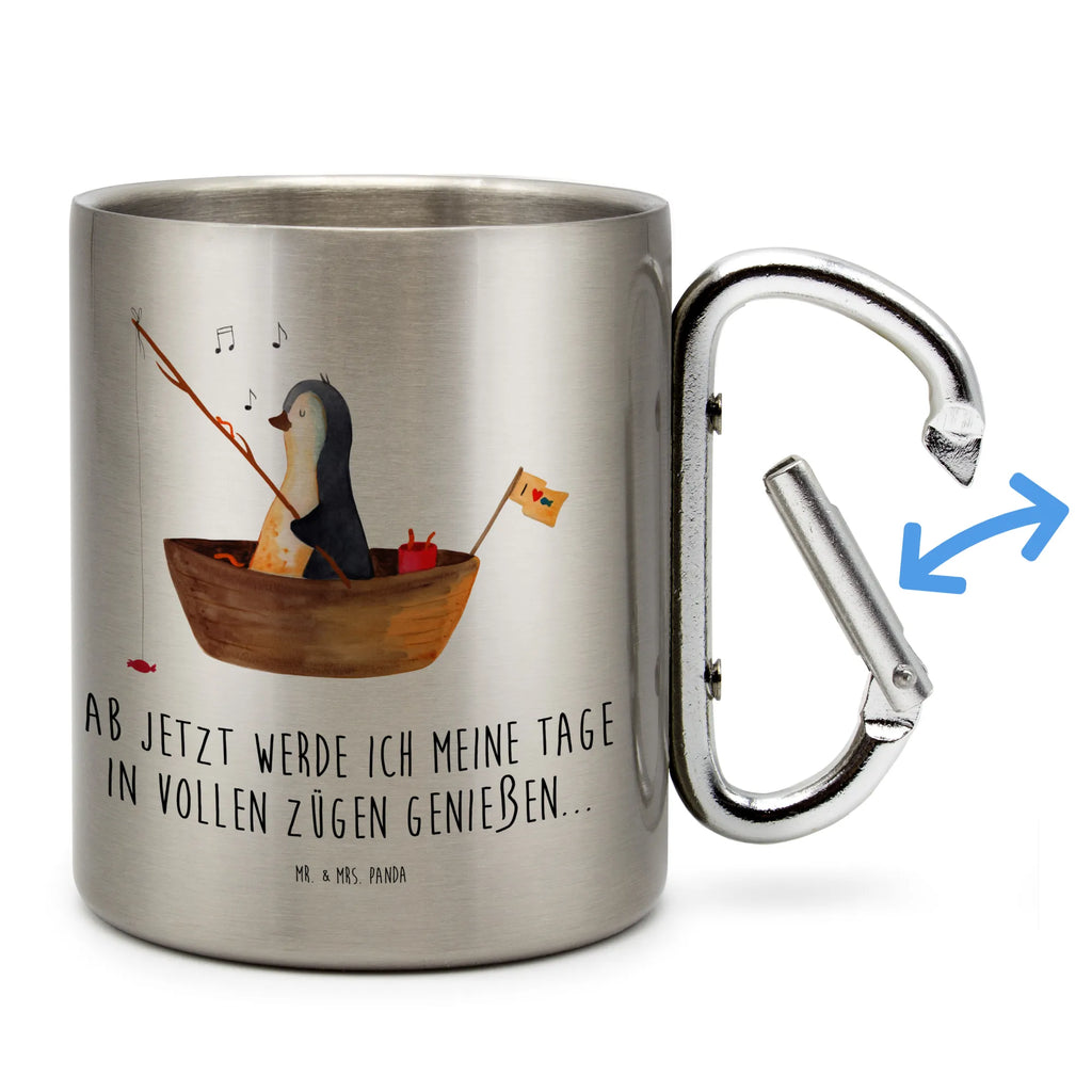 Edelstahlbecher Pinguin Angelboot Edelstahltasse, Karabiner, Edelstahlbecher, Outdoor, Camping, Tasse, Becher, Pinguin, Pinguine, Angeln, Boot, Angelboot, Lebenslust, Leben, genießen, Motivation, Neustart, Neuanfang, Trennung, Scheidung, Geschenkidee Liebeskummer