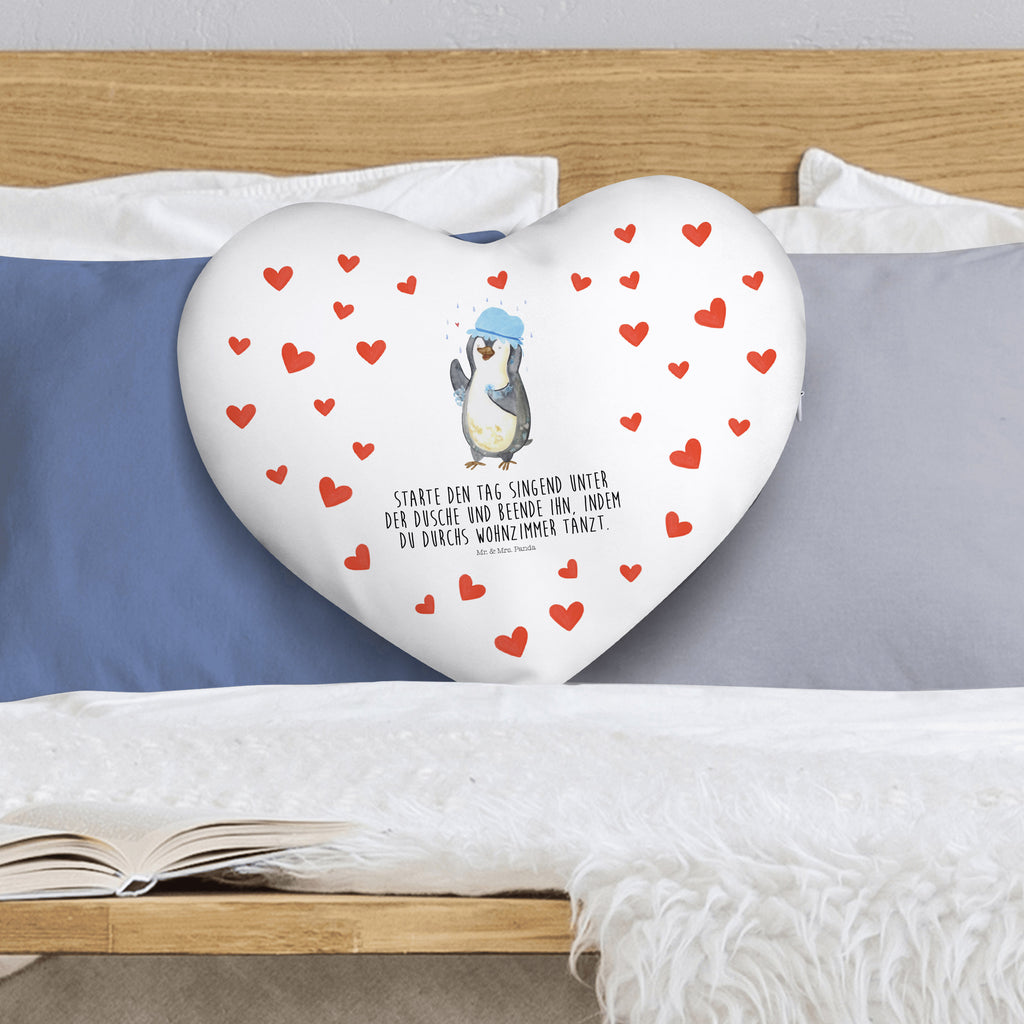 Herzkissen Pinguin duscht Kissen, Herzkissen, Herzform, Herz, Dekokissen, Pinguin, Pinguine, Dusche, duschen, Lebensmotto, Motivation, Neustart, Neuanfang, glücklich sein