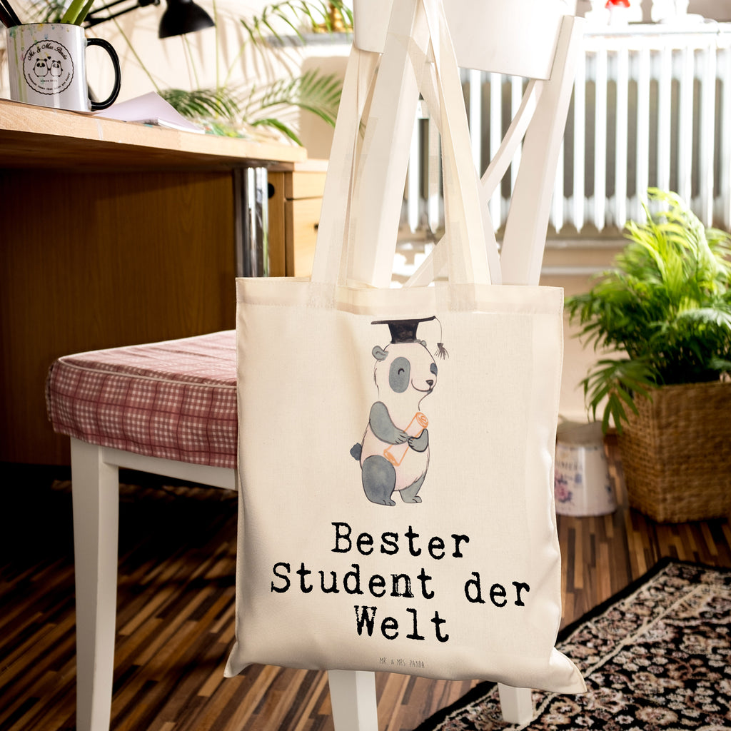 Tragetasche Panda Bester Student der Welt Beuteltasche, Beutel, Einkaufstasche, Jutebeutel, Stoffbeutel, Tasche, Shopper, Umhängetasche, Strandtasche, Schultertasche, Stofftasche, Tragetasche, Badetasche, Jutetasche, Einkaufstüte, Laptoptasche, für, Dankeschön, Geschenk, Schenken, Geburtstag, Geburtstagsgeschenk, Geschenkidee, Danke, Bedanken, Mitbringsel, Freude machen, Geschenktipp, Student, Studium, Sohn, Spaß, Musterschüler, lustig, Studienabschluss, witzig, Universität, Abschluss, Alumni, Uni, Studenten, Hochschule