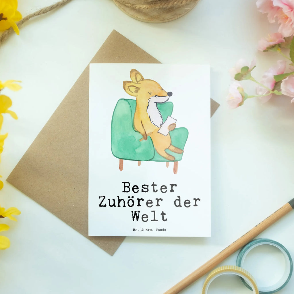 Grußkarte Fuchs Bester Zuhörer der Welt Grußkarte, Klappkarte, Einladungskarte, Glückwunschkarte, Hochzeitskarte, Geburtstagskarte, Karte, Ansichtskarten, für, Dankeschön, Geschenk, Schenken, Geburtstag, Geburtstagsgeschenk, Geschenkidee, Danke, Bedanken, Mitbringsel, Freude machen, Geschenktipp, Zuhörer, Freund, Freundin, offenes Ohr, Hilfsbereit, Hilfe