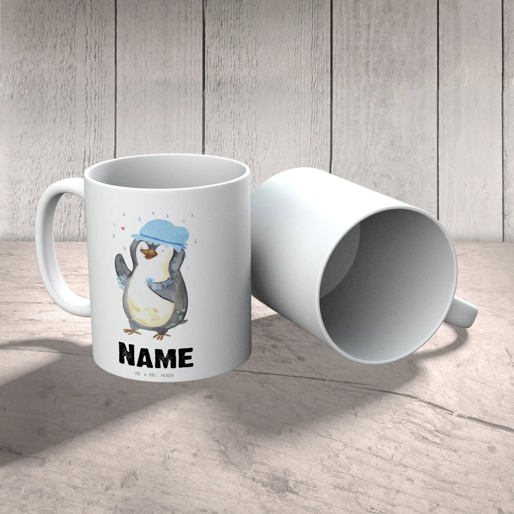 Personalisierte Tasse Pinguin duscht Personalisierte Tasse, Namenstasse, Wunschname, Personalisiert, Tasse, Namen, Drucken, Tasse mit Namen, Pinguin, Pinguine, Dusche, duschen, Lebensmotto, Motivation, Neustart, Neuanfang, glücklich sein