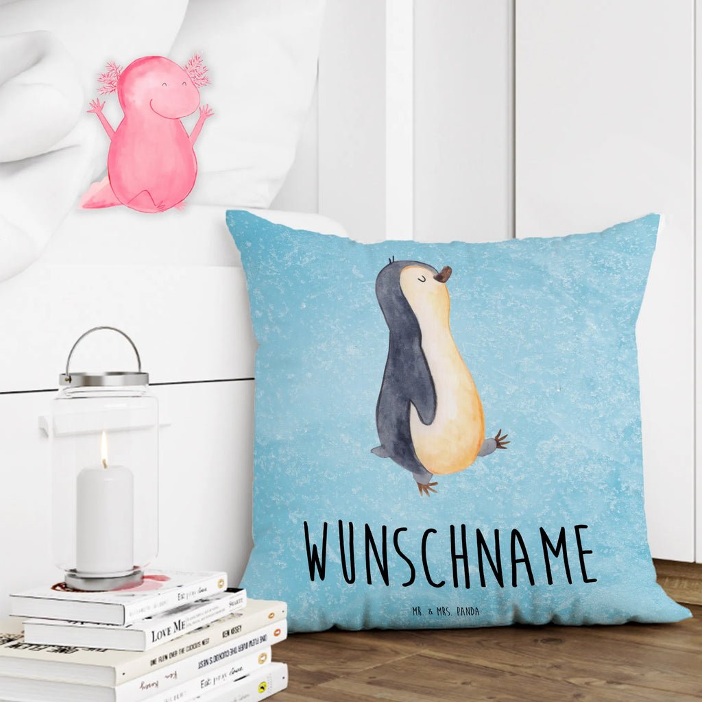 Personalisiertes Kissen Pinguin marschierend Kissen, personalisiert, Name, Wunschname, bedrucken, Kopfkissen, Pinguin, Pinguine, Frühaufsteher, Langschläfer, Bruder, Schwester, Familie