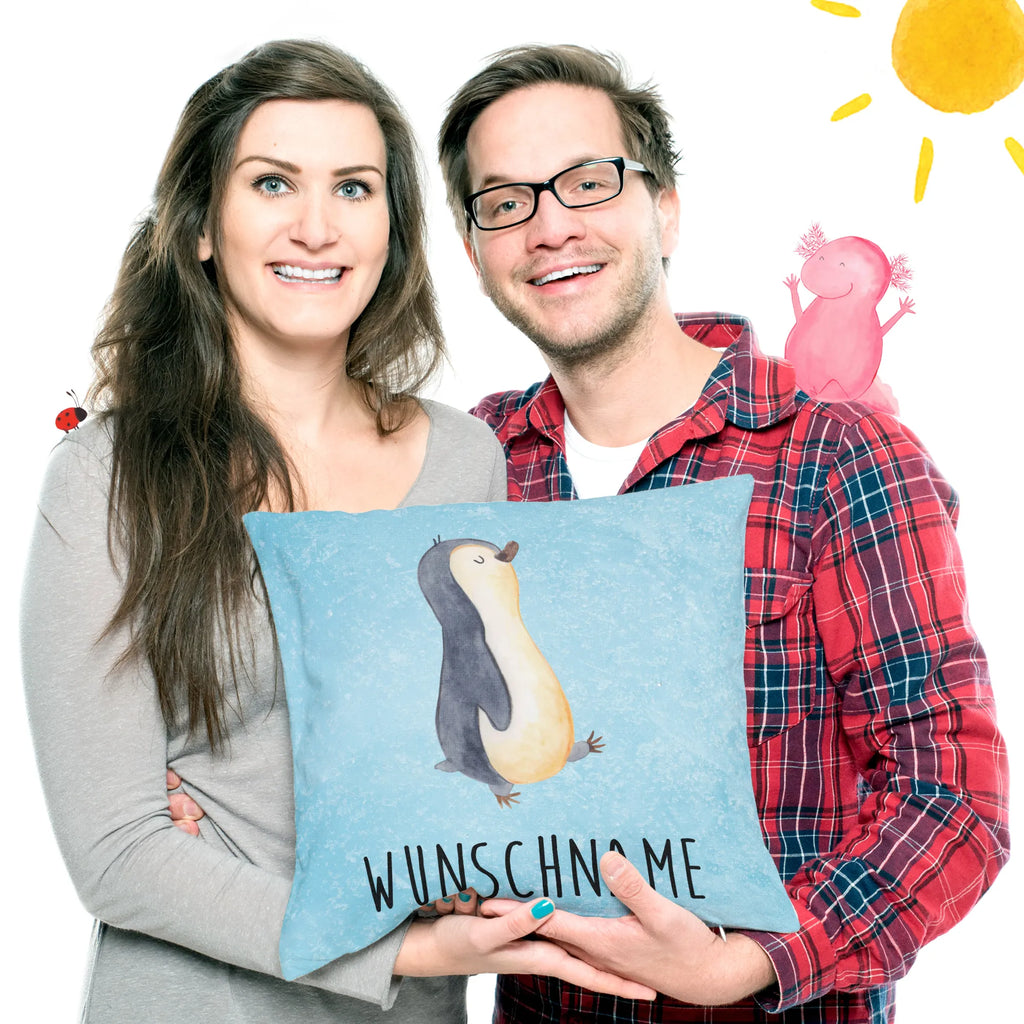 Personalisiertes Kissen Pinguin marschierend Kissen, personalisiert, Name, Wunschname, bedrucken, Kopfkissen, Pinguin, Pinguine, Frühaufsteher, Langschläfer, Bruder, Schwester, Familie