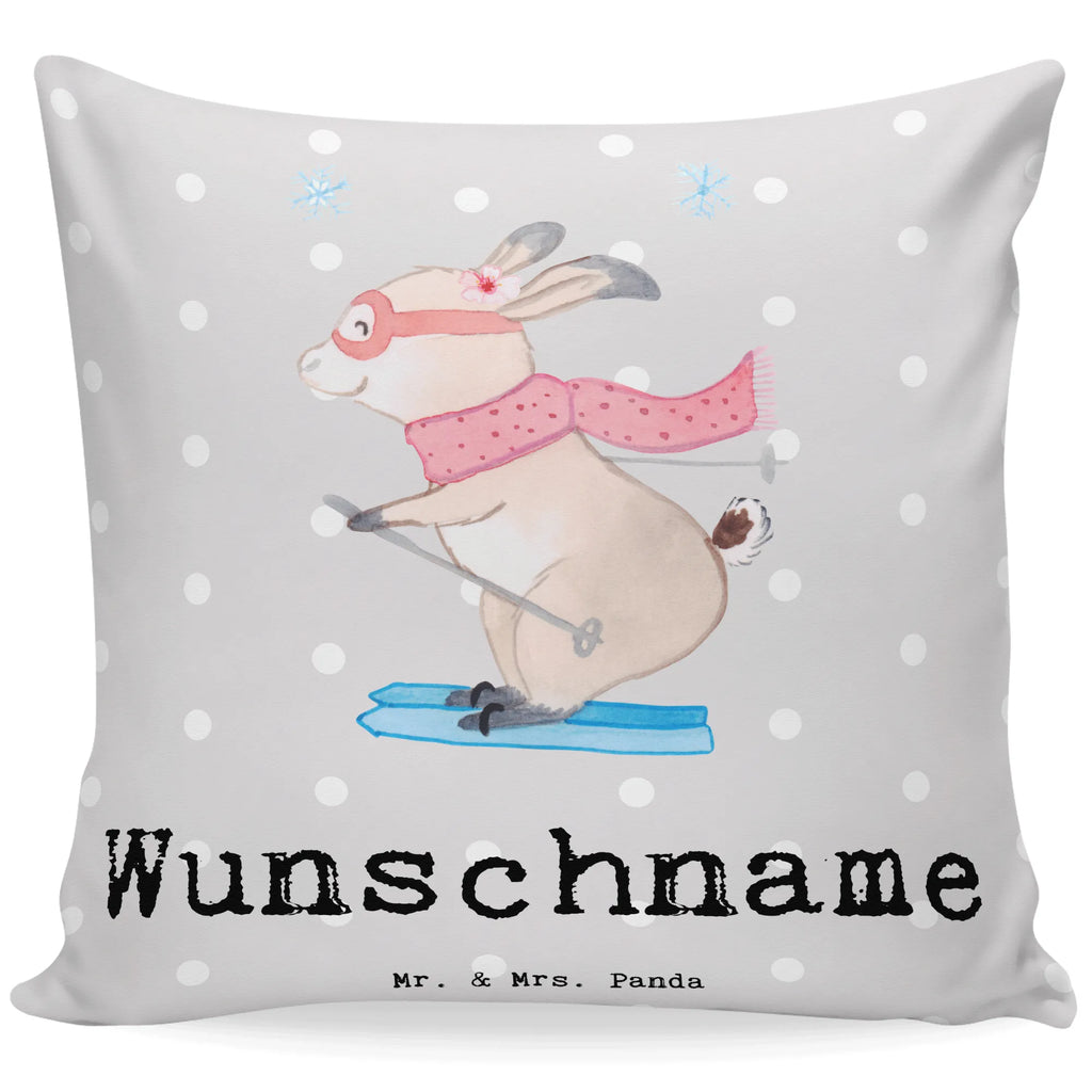 Personalisiertes Kissen Hase Skifahren Kissen, personalisiert, Name, Wunschname, bedrucken, Kopfkissen, Geschenk, Sport, Sportart, Hobby, Schenken, Danke, Dankeschön, Auszeichnung, Gewinn, Sportler, Ski fahren, Skifahren, Skisport, Skiwettbewerb, Skirennen