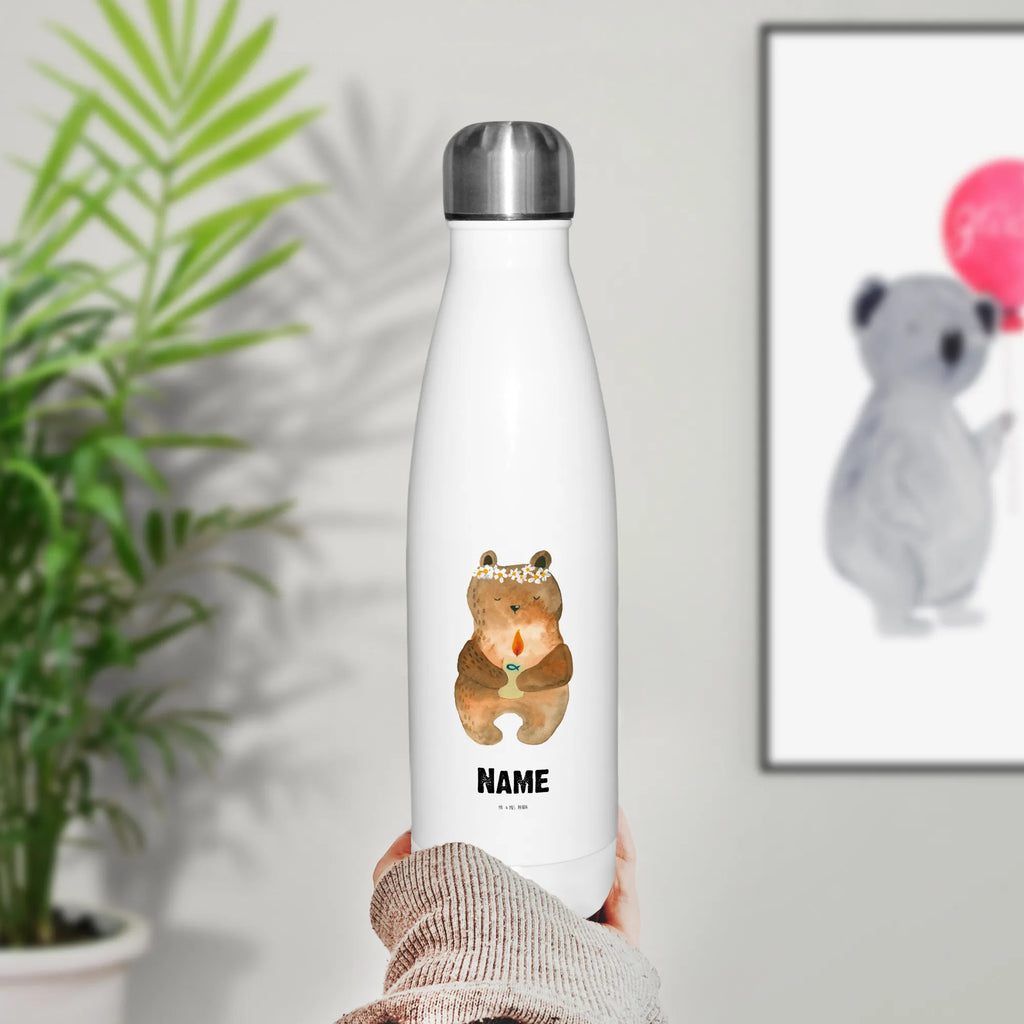 Personalisierte Thermosflasche Kommunion-Bär Personalisierte Isolierflasche, Personalisierte Thermoflasche, Personalisierte Trinkflasche, Trinkflasche Mit Namen, Wunschname, Bedrucken, Namensflasche, Bär, Teddy, Teddybär, Kommunion, Gottes Segen, Taufkerze, katholisch