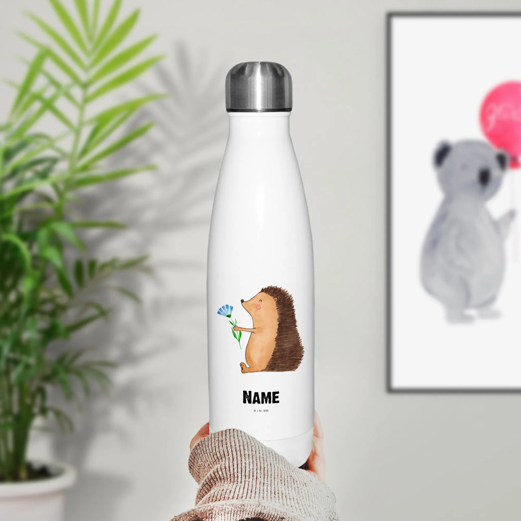 Personalisierte Thermosflasche Igel mit Blume Personalisierte Isolierflasche, Personalisierte Thermoflasche, Personalisierte Trinkflasche, Trinkflasche Mit Namen, Wunschname, Bedrucken, Namensflasche, Tiermotive, Gute Laune, lustige Sprüche, Tiere, Igel, Gute Besserung, Genesungswünsche, Krankheit, Krankenhaus, krank, Besuch