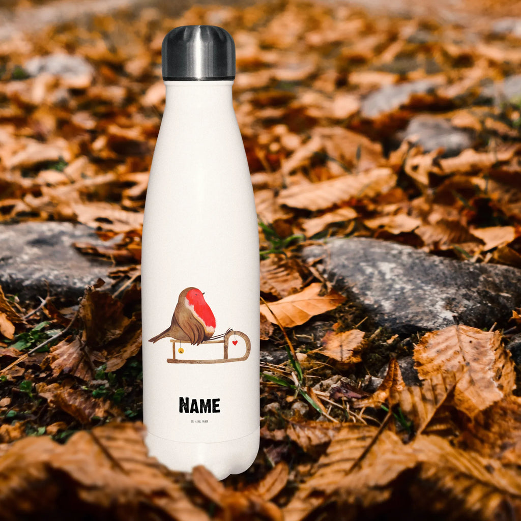 Personalisierte Thermosflasche Rotkehlchen Schlitten Personalisierte Isolierflasche, Personalisierte Thermoflasche, Personalisierte Trinkflasche, Trinkflasche Mit Namen, Wunschname, Bedrucken, Namensflasche, Winter, Weihnachten, Weihnachtsdeko, Nikolaus, Advent, Heiligabend, Wintermotiv, Schlitten, Vogel