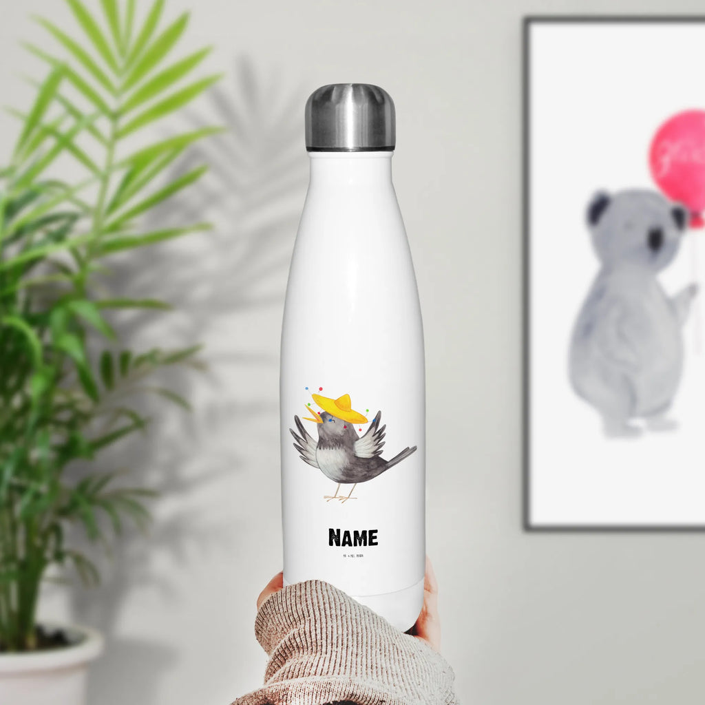 Personalisierte Thermosflasche Rabe mit Sombrero Personalisierte Isolierflasche, Personalisierte Thermoflasche, Personalisierte Trinkflasche, Trinkflasche Mit Namen, Wunschname, Bedrucken, Namensflasche, Tiermotive, Gute Laune, lustige Sprüche, Tiere, Rabe, Vogel, Vögel, Spruch positiv, fröhlich sein, glücklich sein, Glück Spruch, froh, Elster, Motivation