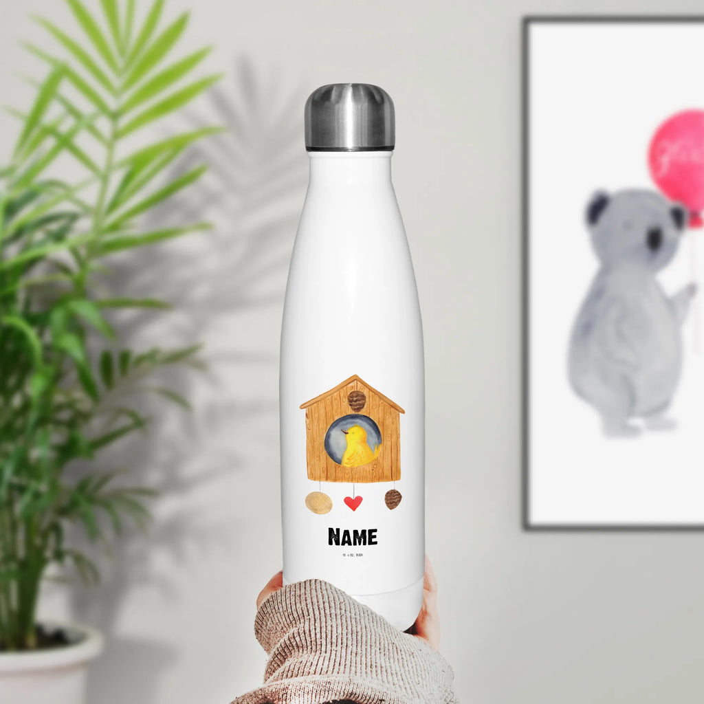 Personalisierte Thermosflasche Vogelhaus sweet Home Personalisierte Isolierflasche, Personalisierte Thermoflasche, Personalisierte Trinkflasche, Trinkflasche Mit Namen, Wunschname, Bedrucken, Namensflasche, Tiermotive, Gute Laune, lustige Sprüche, Tiere, Vogelhaus, Vogel, Home sweet Home, Einzug, Umzug, Geschenk, Einzugsgeschenk, Hausbau, Haus