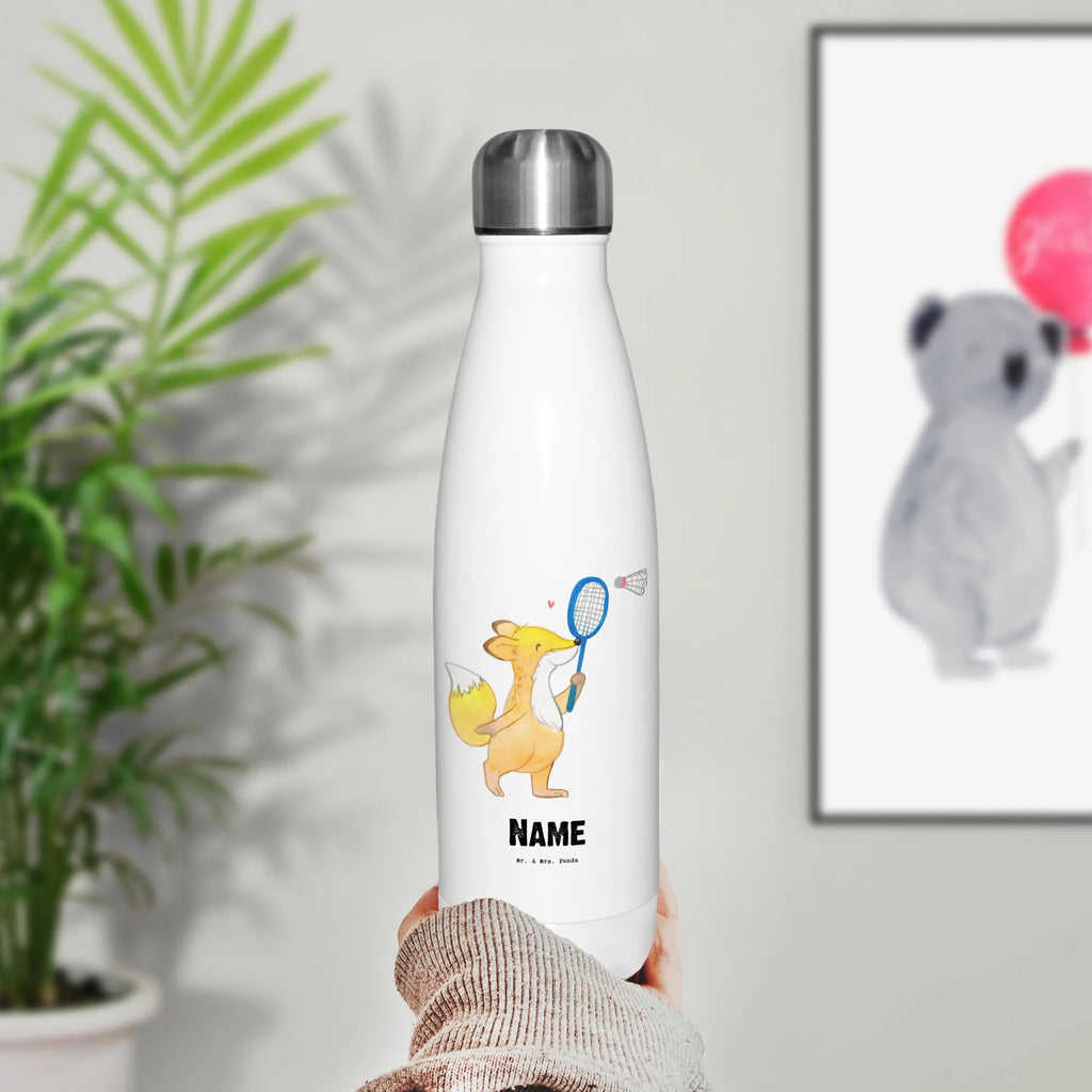 Personalisierte Thermosflasche Fuchs Federball spielen Personalisierte Isolierflasche, Personalisierte Thermoflasche, Personalisierte Trinkflasche, Trinkflasche Mit Namen, Wunschname, Bedrucken, Namensflasche, Geschenk, Sport, Sportart, Hobby, Schenken, Danke, Dankeschön, Auszeichnung, Gewinn, Sportler, Federball spielen, Badminton