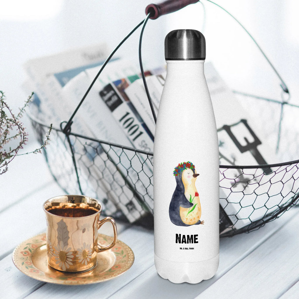 Personalisierte Thermosflasche Pinguin Blumenkranz Personalisierte Isolierflasche, Personalisierte Thermoflasche, Personalisierte Trinkflasche, Trinkflasche Mit Namen, Wunschname, Bedrucken, Namensflasche, Pinguin, Pinguine, Blumenkranz, Universum, Leben, Wünsche, Ziele, Lebensziele, Motivation, Lebenslust, Liebeskummer, Geschenkidee