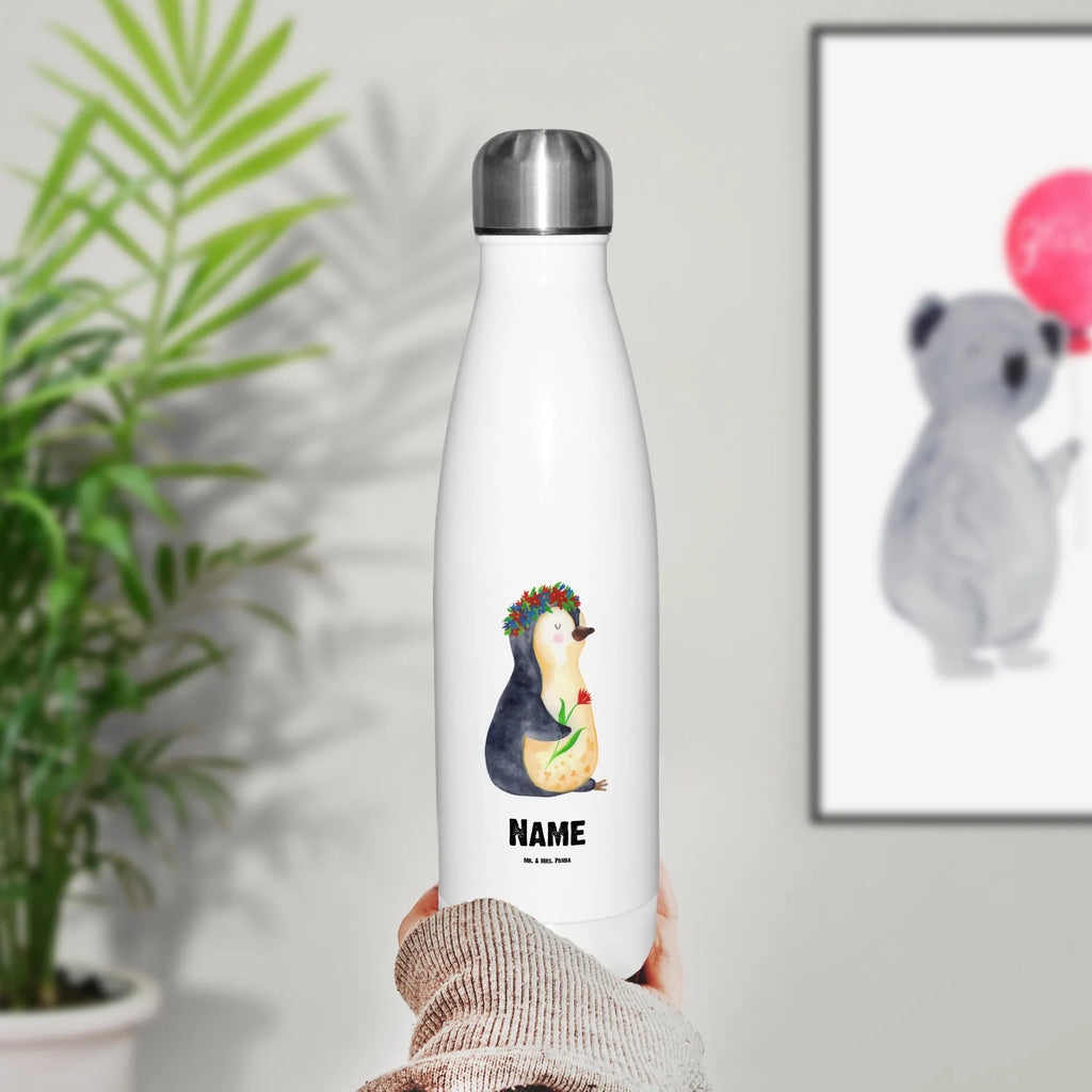 Personalisierte Thermosflasche Pinguin Blumenkranz Personalisierte Isolierflasche, Personalisierte Thermoflasche, Personalisierte Trinkflasche, Trinkflasche Mit Namen, Wunschname, Bedrucken, Namensflasche, Pinguin, Pinguine, Blumenkranz, Universum, Leben, Wünsche, Ziele, Lebensziele, Motivation, Lebenslust, Liebeskummer, Geschenkidee