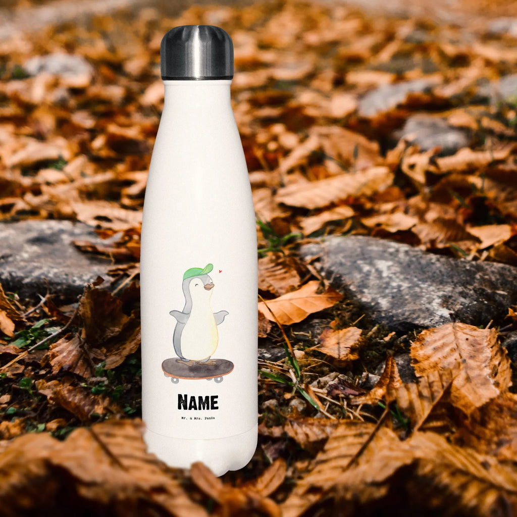 Personalisierte Thermosflasche Pinguin Skateboarden Personalisierte Isolierflasche, Personalisierte Thermoflasche, Personalisierte Trinkflasche, Trinkflasche Mit Namen, Wunschname, Bedrucken, Namensflasche, Geschenk, Sport, Sportart, Hobby, Schenken, Danke, Dankeschön, Auszeichnung, Gewinn, Sportler, Skateboarden, Skateboard fahren, Skaten, Skateboard, Skateplatz