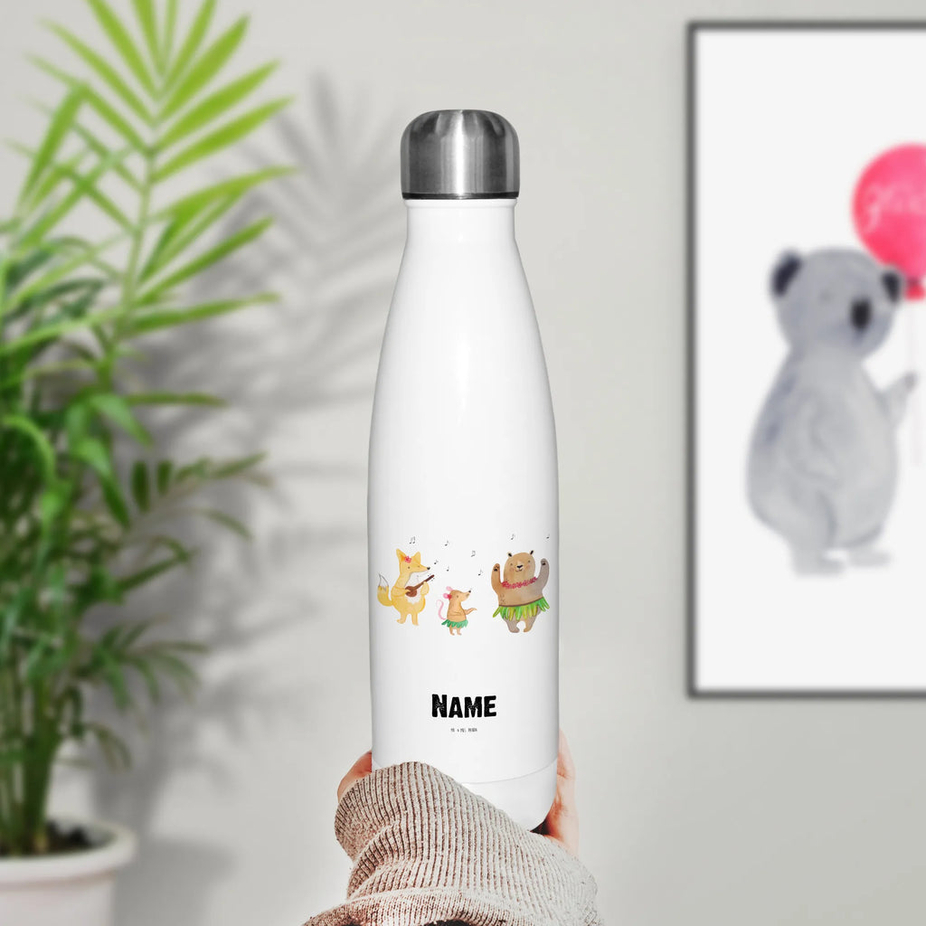 Personalisierte Thermosflasche Waldtiere Aloha Personalisierte Isolierflasche, Personalisierte Thermoflasche, Personalisierte Trinkflasche, Trinkflasche Mit Namen, Wunschname, Bedrucken, Namensflasche, Tiermotive, Gute Laune, lustige Sprüche, Tiere, Wald, Waldtiere, Musik, Aloha, Bär, Hase, Igel, Tanzen, Leben, Lachen