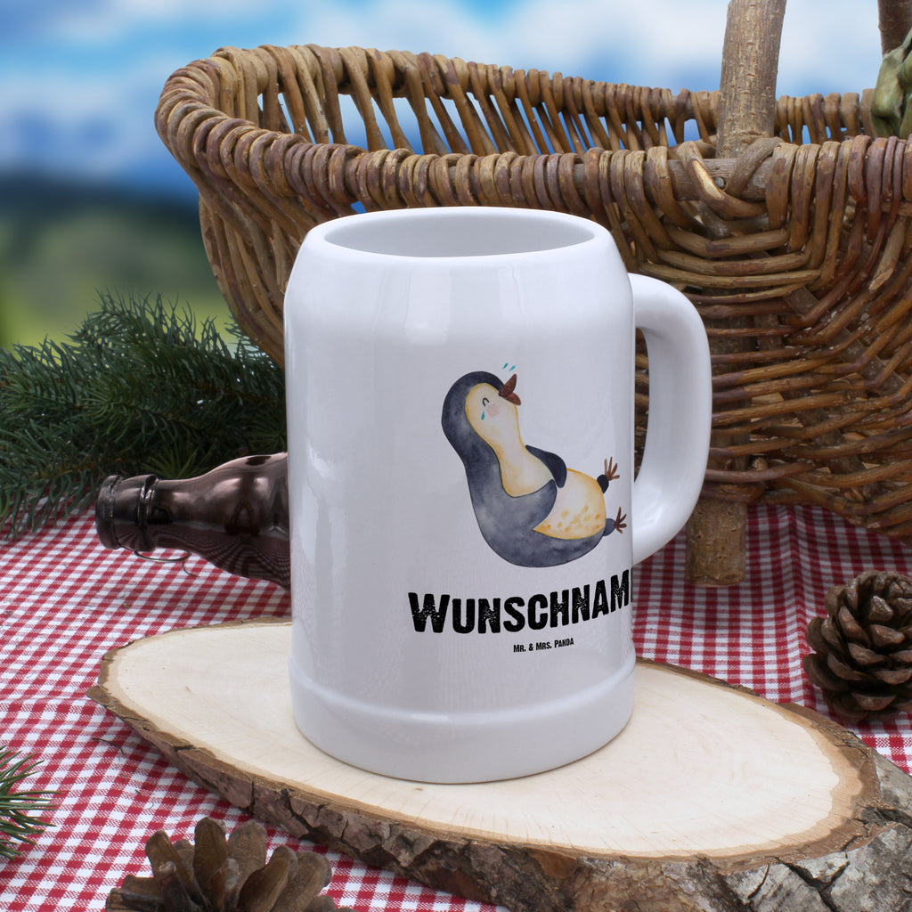 Personalisierter Bierkrug Pinguin lachend Bierkrug mit Namen, Bierkrug personalisieren, Bierglas mit Namen, Personalisierung, Bedrucken, Pinguin, Pinguine, lustiger Spruch, Optimismus, Fröhlich, Lachen, Humor, Fröhlichkeit