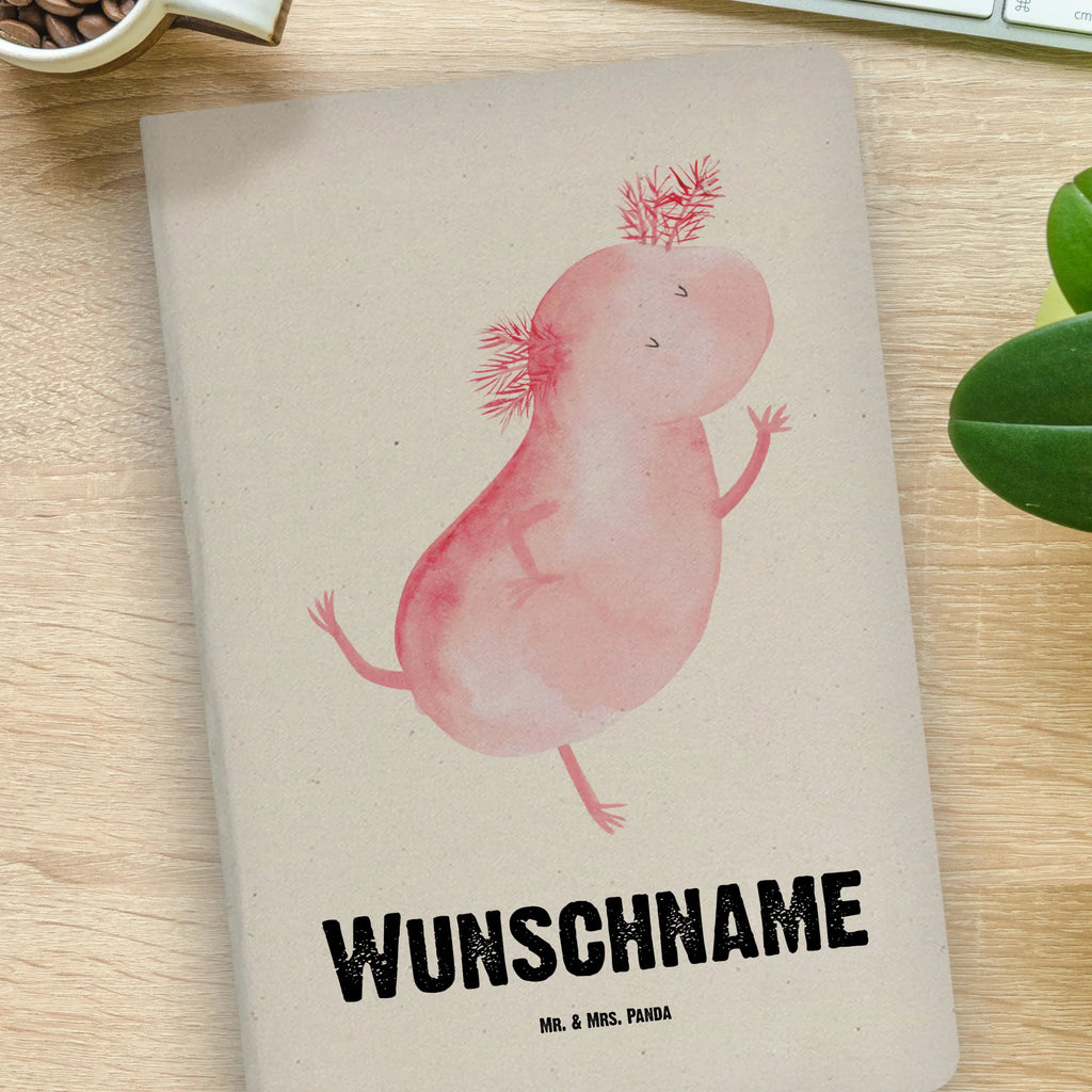 DIN A4 Personalisiertes Notizbuch Axolotl tanzt Personalisiertes Notizbuch, Notizbuch mit Namen, Notizbuch bedrucken, Personalisierung, Namensbuch, Namen, Axolotl, Molch, Axolot, Schwanzlurch, Lurch, Lurche, Dachschaden, Sterne, verrückt, Freundin, beste Freundin