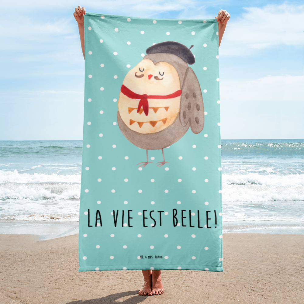 XL Badehandtuch Eule Frankreich Handtuch, Badetuch, Duschtuch, Strandtuch, Saunatuch, Eule, Eulen, Eule Deko, Owl, hibou, La vie est belle, das Leben ist schön, Spruch schön, Spruch Französisch, Frankreich