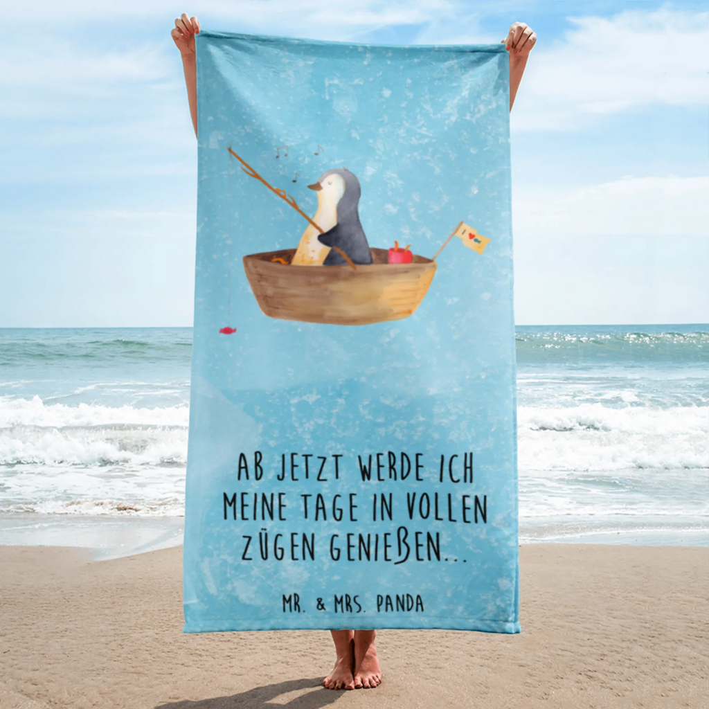 XL Badehandtuch Pinguin Angelboot Handtuch, Badetuch, Duschtuch, Strandtuch, Saunatuch, Pinguin, Pinguine, Angeln, Boot, Angelboot, Lebenslust, Leben, genießen, Motivation, Neustart, Neuanfang, Trennung, Scheidung, Geschenkidee Liebeskummer