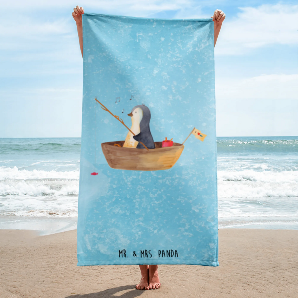 XL Badehandtuch Pinguin Angelboot Handtuch, Badetuch, Duschtuch, Strandtuch, Saunatuch, Pinguin, Pinguine, Angeln, Boot, Angelboot, Lebenslust, Leben, genießen, Motivation, Neustart, Neuanfang, Trennung, Scheidung, Geschenkidee Liebeskummer