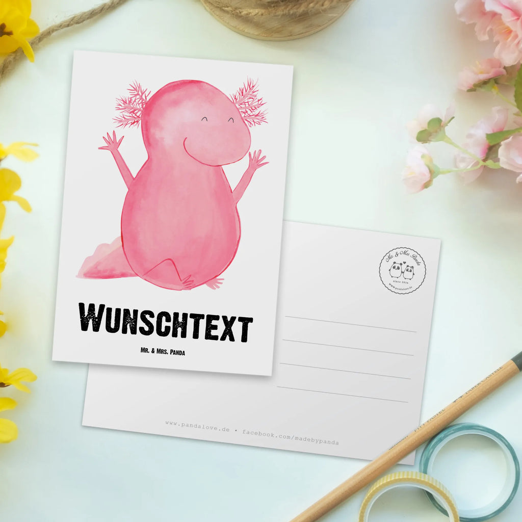 Personalisierte Postkarte Axolotl Hurra Postkarte mit Namen, Postkarte bedrucken, Postkarte mit Wunschtext, Postkarte personalisierbar, Geschenkkarte mit Namen, Grußkarte mit Namen, Karte mit Namen, Einladung mit Namen, Ansichtskarte mit Namen, Geschenkkarte mit Wunschtext, Grußkarte mit Wunschtext, Karte mit Wunschtext, Einladung mit Wunschtext, Ansichtskarte mit Wunschtext, Axolotl, Molch, Axolot, Schwanzlurch, Lurch, Lurche, fröhlich, Spaß, Freude, Motivation, Zufriedenheit