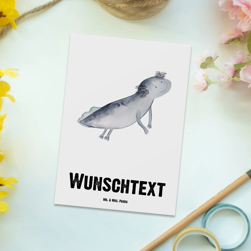 Personalisierte Postkarte Axolotl schwimmt Postkarte mit Namen, Postkarte bedrucken, Postkarte mit Wunschtext, Postkarte personalisierbar, Geschenkkarte mit Namen, Grußkarte mit Namen, Karte mit Namen, Einladung mit Namen, Ansichtskarte mit Namen, Geschenkkarte mit Wunschtext, Grußkarte mit Wunschtext, Karte mit Wunschtext, Einladung mit Wunschtext, Ansichtskarte mit Wunschtext, Axolotl, Molch, Axolot, Schwanzlurch, Lurch, Lurche, Problem, Probleme, Lösungen, Motivation