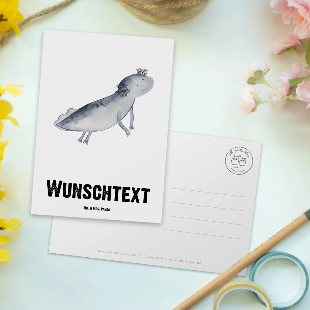 Personalisierte Postkarte Axolotl schwimmt Postkarte mit Namen, Postkarte bedrucken, Postkarte mit Wunschtext, Postkarte personalisierbar, Geschenkkarte mit Namen, Grußkarte mit Namen, Karte mit Namen, Einladung mit Namen, Ansichtskarte mit Namen, Geschenkkarte mit Wunschtext, Grußkarte mit Wunschtext, Karte mit Wunschtext, Einladung mit Wunschtext, Ansichtskarte mit Wunschtext, Axolotl, Molch, Axolot, Schwanzlurch, Lurch, Lurche, Problem, Probleme, Lösungen, Motivation