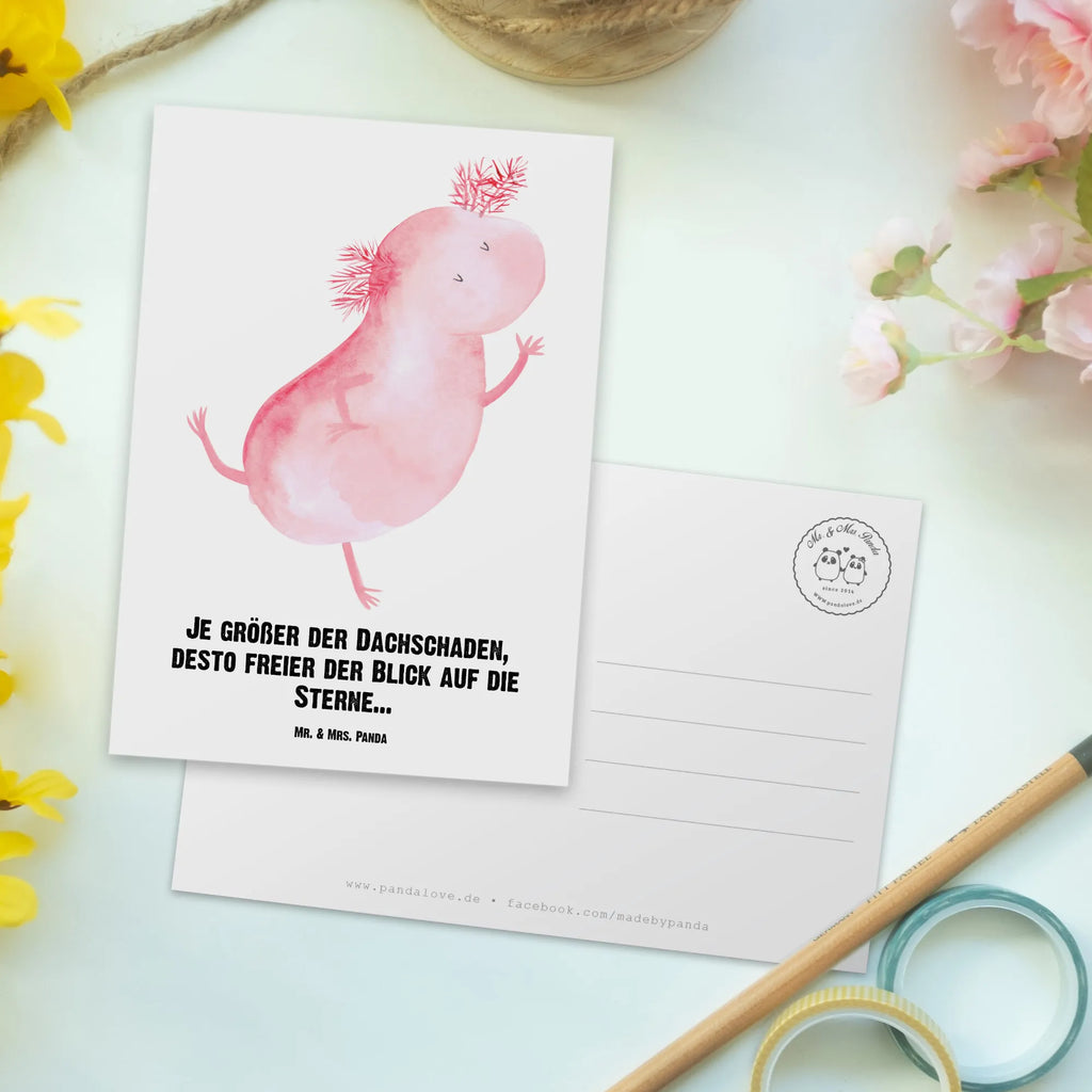 Personalisierte Postkarte Axolotl Tanzen Postkarte mit Namen, Postkarte bedrucken, Postkarte mit Wunschtext, Postkarte personalisierbar, Geschenkkarte mit Namen, Grußkarte mit Namen, Karte mit Namen, Einladung mit Namen, Ansichtskarte mit Namen, Geschenkkarte mit Wunschtext, Grußkarte mit Wunschtext, Karte mit Wunschtext, Einladung mit Wunschtext, Ansichtskarte mit Wunschtext, Axolotl, Molch, Axolot, Schwanzlurch, Lurch, Lurche, Dachschaden, Sterne, verrückt, Freundin, beste Freundin