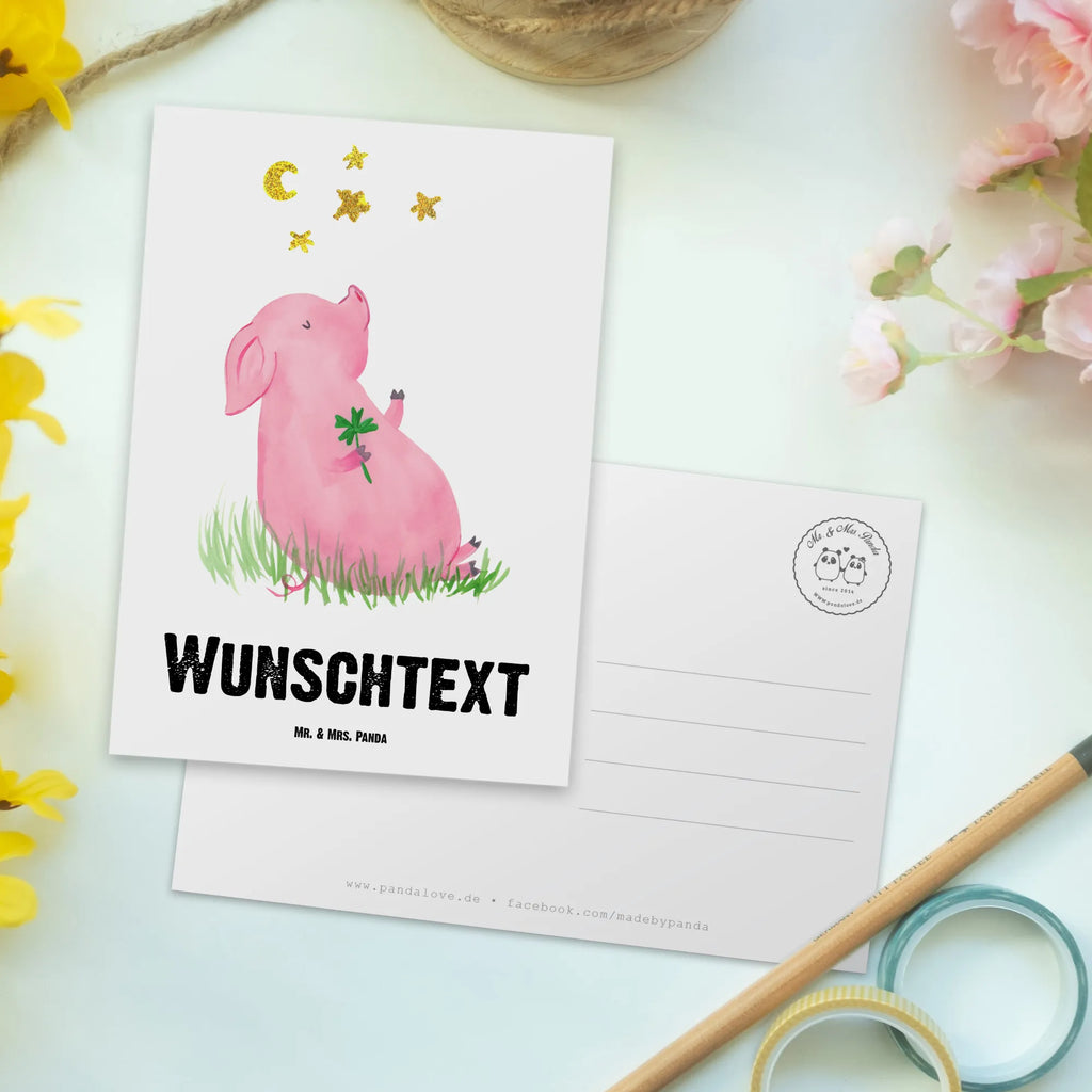 Personalisierte Postkarte Glücksschwein Postkarte mit Namen, Postkarte bedrucken, Postkarte mit Wunschtext, Postkarte personalisierbar, Geschenkkarte mit Namen, Grußkarte mit Namen, Karte mit Namen, Einladung mit Namen, Ansichtskarte mit Namen, Geschenkkarte mit Wunschtext, Grußkarte mit Wunschtext, Karte mit Wunschtext, Einladung mit Wunschtext, Ansichtskarte mit Wunschtext, Tiermotive, Gute Laune, lustige Sprüche, Tiere, Glücksschwein. Glück, Schwein, Schweinchen, Sterne, Sernchen, Ziele, Träume, Motivation, Glücksbringer