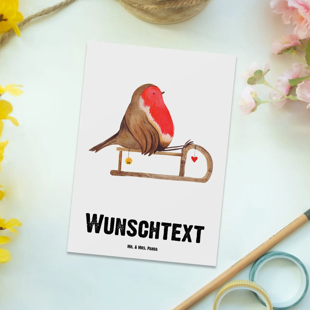 Personalisierte Postkarte Rotkehlchen Schlitten Postkarte mit Namen, Postkarte bedrucken, Postkarte mit Wunschtext, Postkarte personalisierbar, Geschenkkarte mit Namen, Grußkarte mit Namen, Karte mit Namen, Einladung mit Namen, Ansichtskarte mit Namen, Geschenkkarte mit Wunschtext, Grußkarte mit Wunschtext, Karte mit Wunschtext, Einladung mit Wunschtext, Ansichtskarte mit Wunschtext, Winter, Weihnachten, Weihnachtsdeko, Nikolaus, Advent, Heiligabend, Wintermotiv, Schlitten, Vogel