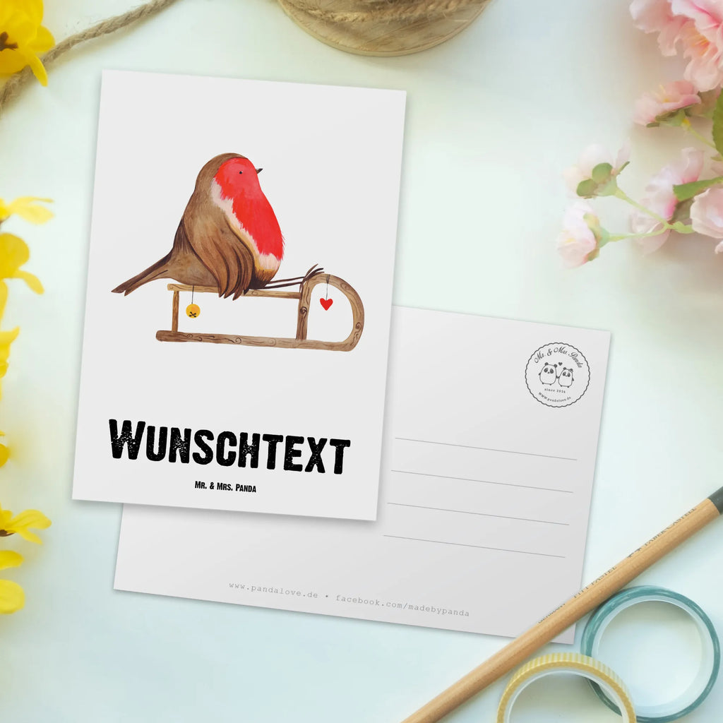 Personalisierte Postkarte Rotkehlchen Schlitten Postkarte mit Namen, Postkarte bedrucken, Postkarte mit Wunschtext, Postkarte personalisierbar, Geschenkkarte mit Namen, Grußkarte mit Namen, Karte mit Namen, Einladung mit Namen, Ansichtskarte mit Namen, Geschenkkarte mit Wunschtext, Grußkarte mit Wunschtext, Karte mit Wunschtext, Einladung mit Wunschtext, Ansichtskarte mit Wunschtext, Winter, Weihnachten, Weihnachtsdeko, Nikolaus, Advent, Heiligabend, Wintermotiv, Schlitten, Vogel