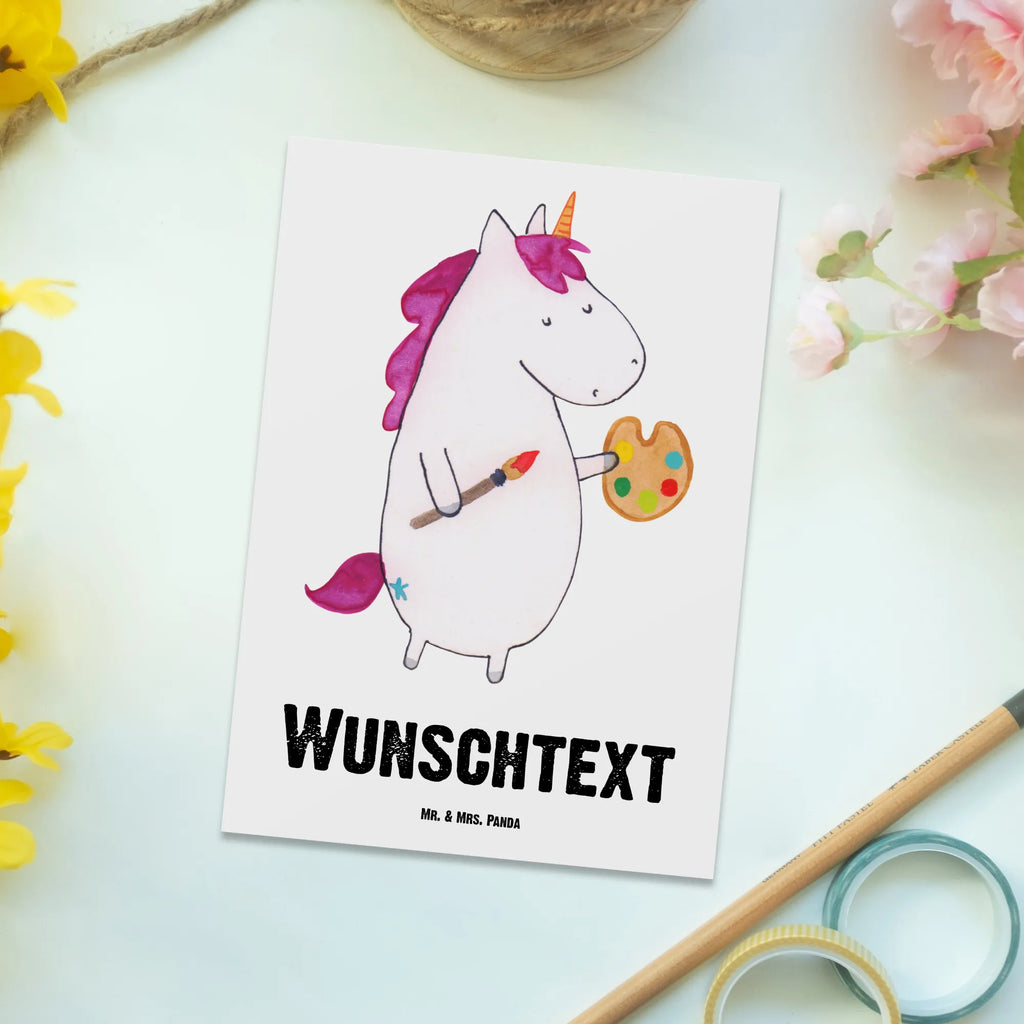 Personalisierte Postkarte Einhorn Künstler Postkarte mit Namen, Postkarte bedrucken, Postkarte mit Wunschtext, Postkarte personalisierbar, Geschenkkarte mit Namen, Grußkarte mit Namen, Karte mit Namen, Einladung mit Namen, Ansichtskarte mit Namen, Geschenkkarte mit Wunschtext, Grußkarte mit Wunschtext, Karte mit Wunschtext, Einladung mit Wunschtext, Ansichtskarte mit Wunschtext, Einhorn, Einhörner, Einhorn Deko, Pegasus, Unicorn, Englisch, Künstler, Artist, Malen, Zeichnen, Welt, Farbe, Stift, Pinsel, Geschenk, Maler