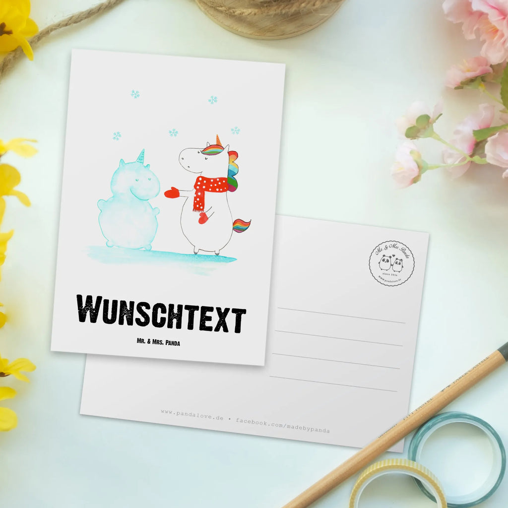 Personalisierte Postkarte Einhorn Schneemann Postkarte mit Namen, Postkarte bedrucken, Postkarte mit Wunschtext, Postkarte personalisierbar, Geschenkkarte mit Namen, Grußkarte mit Namen, Karte mit Namen, Einladung mit Namen, Ansichtskarte mit Namen, Geschenkkarte mit Wunschtext, Grußkarte mit Wunschtext, Karte mit Wunschtext, Einladung mit Wunschtext, Ansichtskarte mit Wunschtext, Einhorn, Einhörner, Einhorn Deko, Pegasus, Unicorn, Schneemann, Winter, Schnee, Kuchen, Weihnachten, kalt, Mütze, Handschuhe, X-Mas