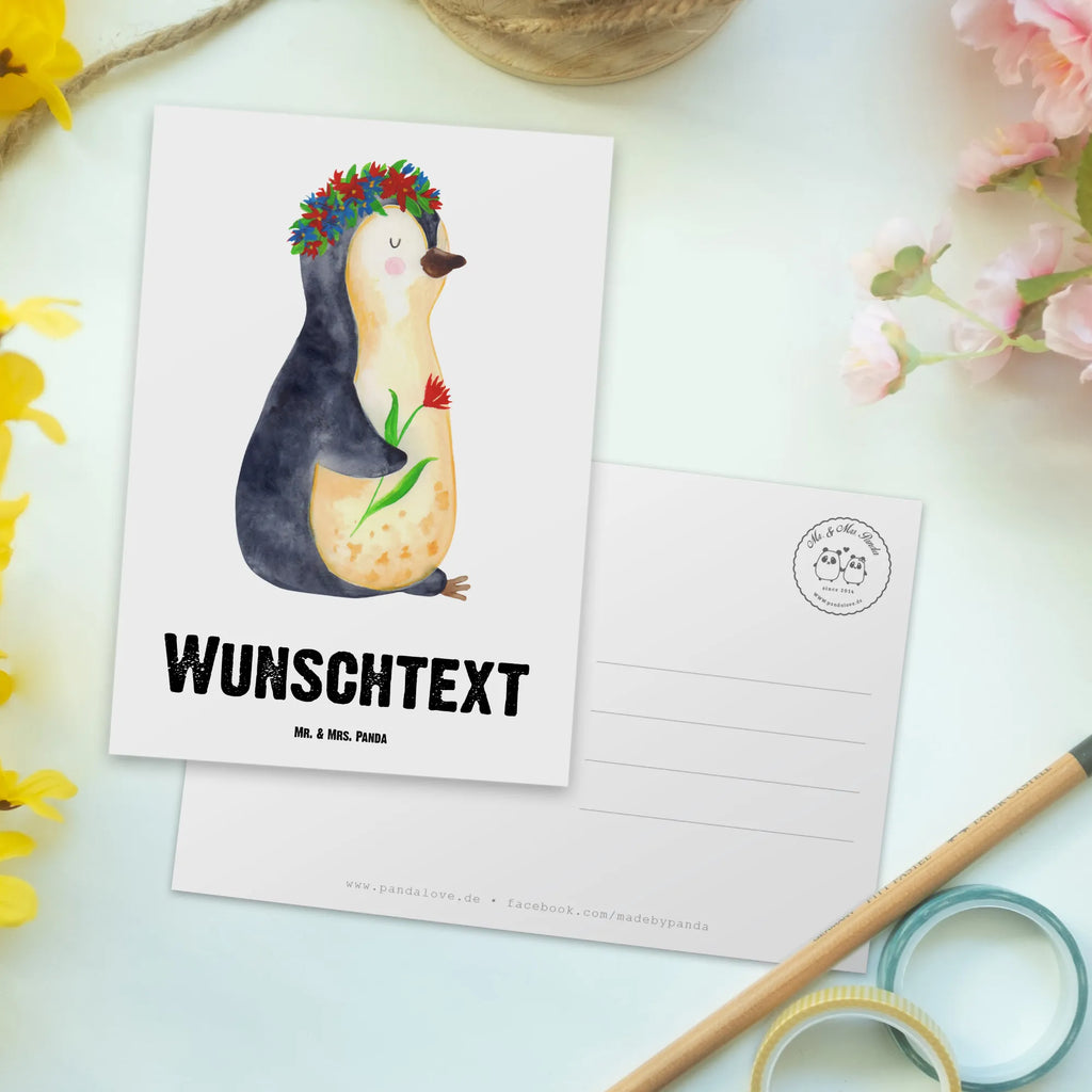 Personalisierte Postkarte Pinguin Blumenkranz Postkarte mit Namen, Postkarte bedrucken, Postkarte mit Wunschtext, Postkarte personalisierbar, Geschenkkarte mit Namen, Grußkarte mit Namen, Karte mit Namen, Einladung mit Namen, Ansichtskarte mit Namen, Geschenkkarte mit Wunschtext, Grußkarte mit Wunschtext, Karte mit Wunschtext, Einladung mit Wunschtext, Ansichtskarte mit Wunschtext, Pinguin, Pinguine, Blumenkranz, Universum, Leben, Wünsche, Ziele, Lebensziele, Motivation, Lebenslust, Liebeskummer, Geschenkidee