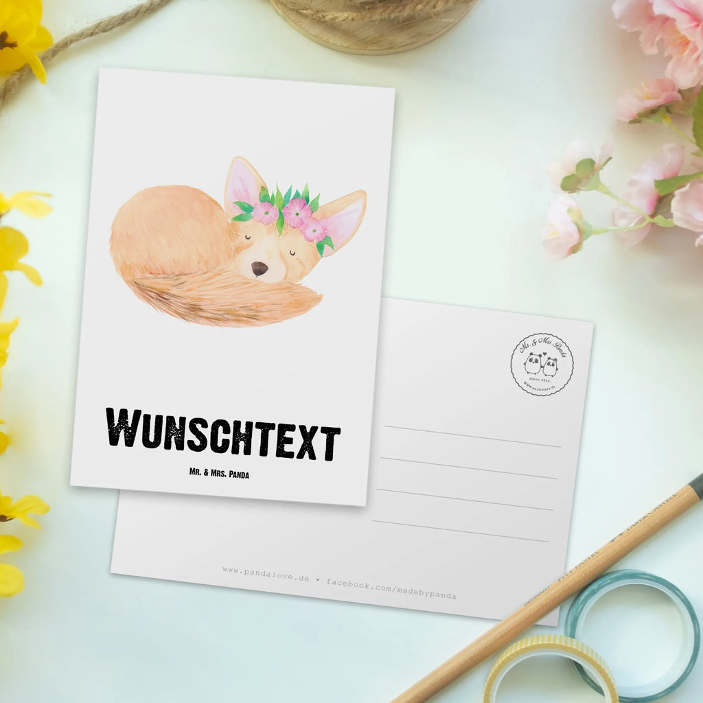 Personalisierte Postkarte Wüstenfuchs Blumenkranz Postkarte mit Namen, Postkarte bedrucken, Postkarte mit Wunschtext, Postkarte personalisierbar, Geschenkkarte mit Namen, Grußkarte mit Namen, Karte mit Namen, Einladung mit Namen, Ansichtskarte mit Namen, Geschenkkarte mit Wunschtext, Grußkarte mit Wunschtext, Karte mit Wunschtext, Einladung mit Wunschtext, Ansichtskarte mit Wunschtext, Afrika, Wildtiere, Wüste, Wüstenfuchs, Blumen, Blumenkranz, Glücklich