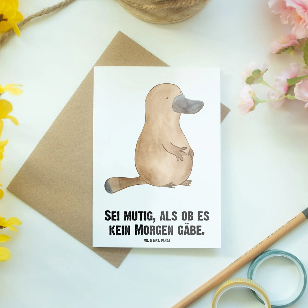 Personalisierte Grußkarte Schnabeltier mutig Personalisierte Grußkarte, Personalisiertere Klappkarte, Personalisierte Einladungskarte, Personalisierte Glückwunschkarte, Personalisierte Hochzeitskarte, Personalisierte Geburtstagskarte, Grußkarte mit Namen, Grußkarte selber drucken, Grußkarte selbst gestalten, Grußkarte mit persönlichen Nachrichten, Grußkarte als Geldgeschenk, Grußkarten personalisiert, Personalisierte Karte, Meerestiere, Meer, Urlaub, Schnabeltier, Mut, mutig, Lebensweisheit, Schnabeltiere, Motivation, Training, Büro, Arbeit, Neuanfang, Neustart, Weltreise, Raodtrip