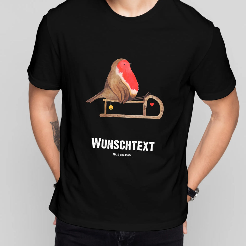 Personalisiertes T-Shirt Rotkehlchen Schlitten T-Shirt Personalisiert, T-Shirt mit Namen, T-Shirt mit Aufruck, Männer, Frauen, Wunschtext, Bedrucken, Winter, Weihnachten, Weihnachtsdeko, Nikolaus, Advent, Heiligabend, Wintermotiv, Schlitten, Vogel