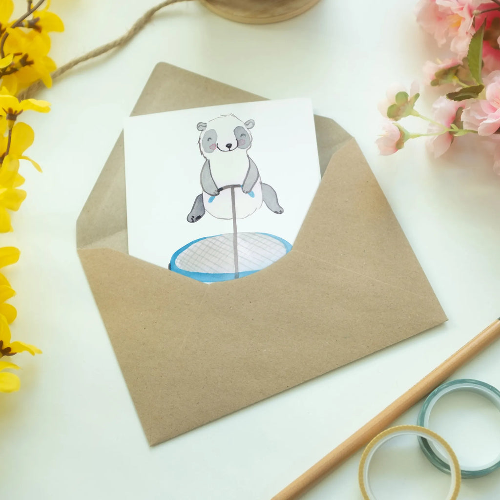 Personalisierte Grußkarte Panda Trampolin springen Personalisierte Grußkarte, Personalisiertere Klappkarte, Personalisierte Einladungskarte, Personalisierte Glückwunschkarte, Personalisierte Hochzeitskarte, Personalisierte Geburtstagskarte, Grußkarte mit Namen, Grußkarte selber drucken, Grußkarte selbst gestalten, Grußkarte mit persönlichen Nachrichten, Grußkarte als Geldgeschenk, Grußkarten personalisiert, Personalisierte Karte, Geschenk, Sport, Sportart, Hobby, Schenken, Danke, Dankeschön, Auszeichnung, Gewinn, Sportler, Trampolin springen, Trampolin Springen, Trampolin Turnen, Fitnessstudio