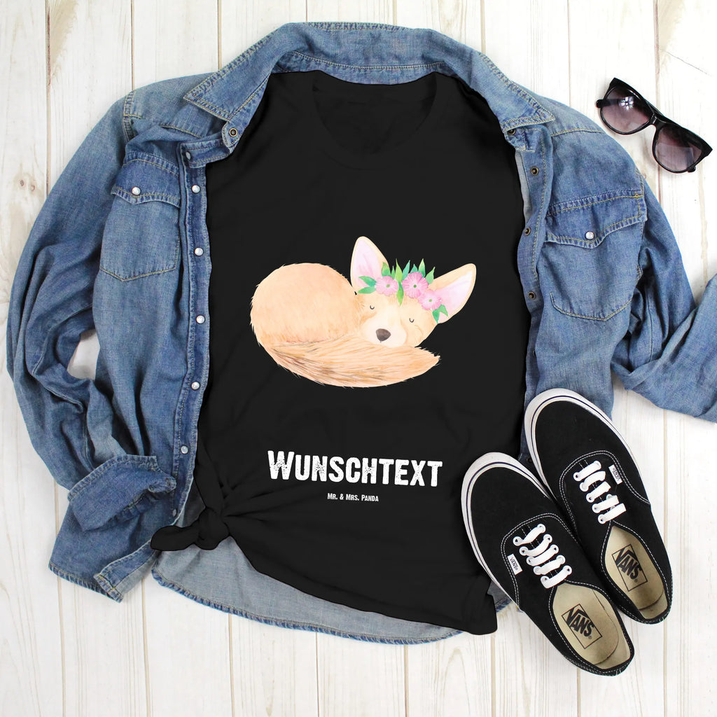 Personalisiertes T-Shirt Wüstenfuchs Blumenkranz T-Shirt Personalisiert, T-Shirt mit Namen, T-Shirt mit Aufruck, Männer, Frauen, Wunschtext, Bedrucken, Afrika, Wildtiere, Wüste, Wüstenfuchs, Blumen, Blumenkranz, Glücklich