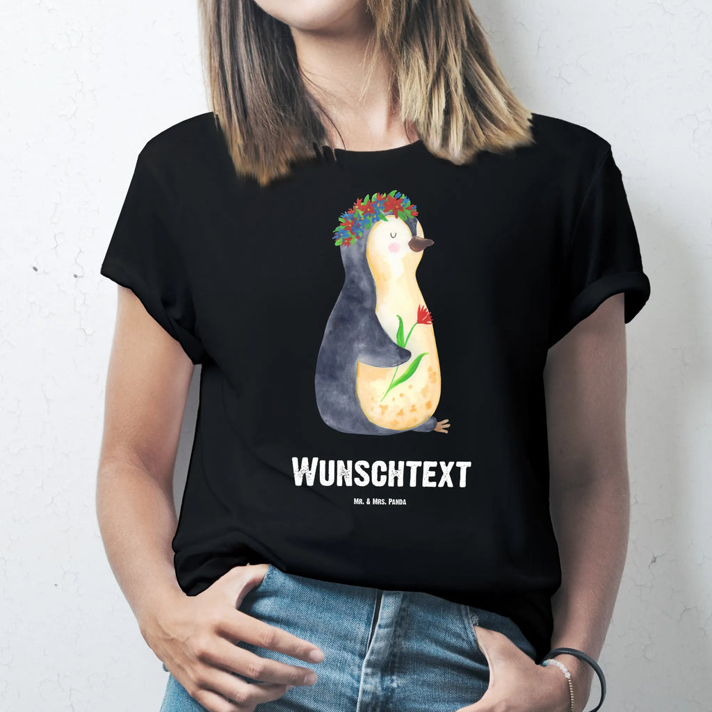 Personalisiertes T-Shirt Pinguin Blumenkranz T-Shirt Personalisiert, T-Shirt mit Namen, T-Shirt mit Aufruck, Männer, Frauen, Wunschtext, Bedrucken, Pinguin, Pinguine, Blumenkranz, Universum, Leben, Wünsche, Ziele, Lebensziele, Motivation, Lebenslust, Liebeskummer, Geschenkidee