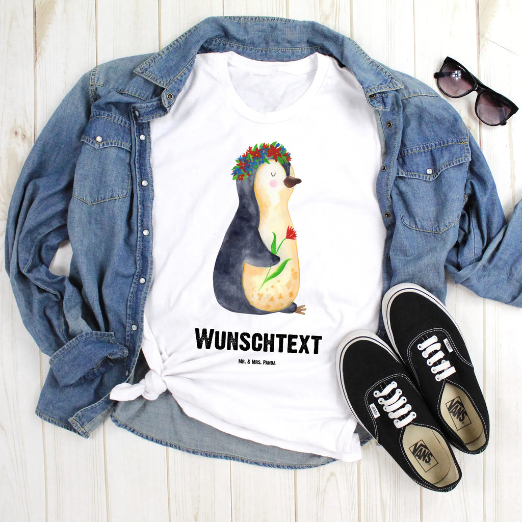 Personalisiertes T-Shirt Pinguin Blumenkranz T-Shirt Personalisiert, T-Shirt mit Namen, T-Shirt mit Aufruck, Männer, Frauen, Wunschtext, Bedrucken, Pinguin, Pinguine, Blumenkranz, Universum, Leben, Wünsche, Ziele, Lebensziele, Motivation, Lebenslust, Liebeskummer, Geschenkidee