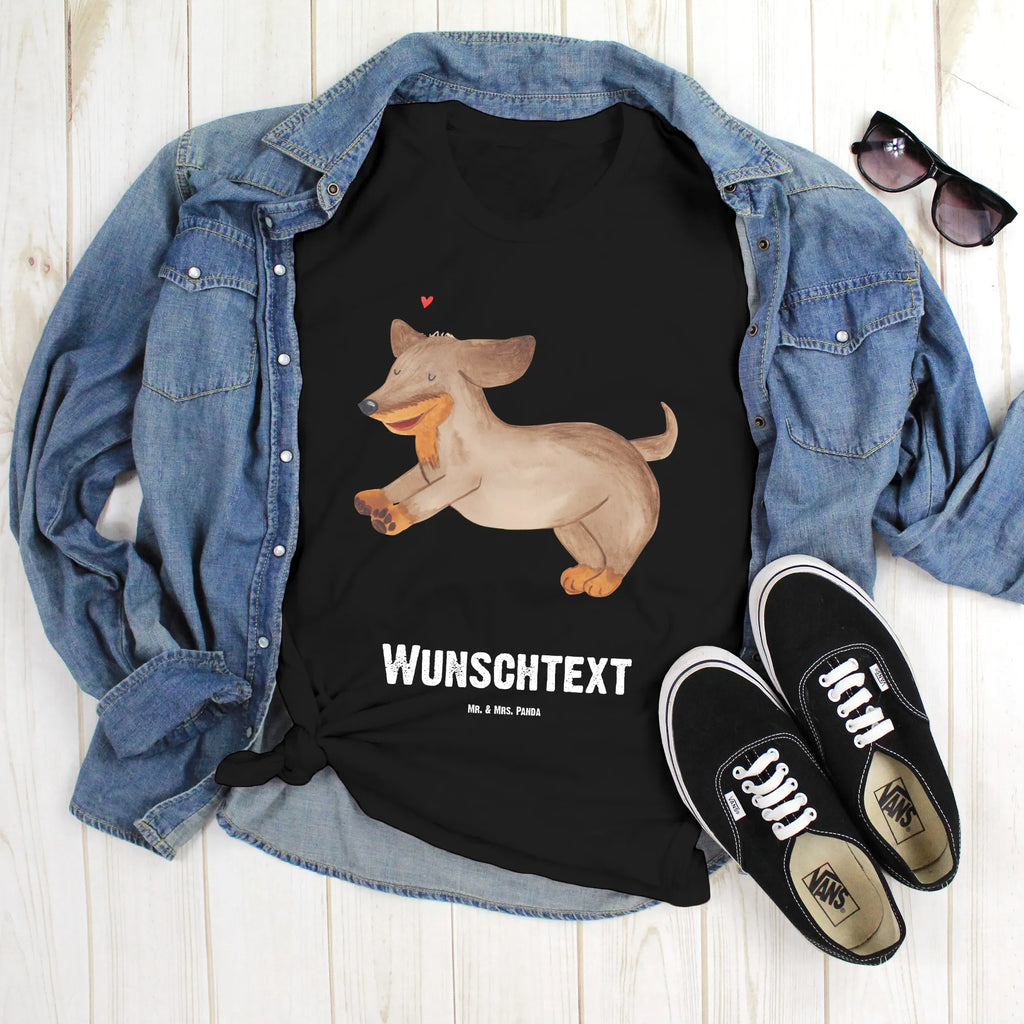 Personalisiertes T-Shirt Hund Dackel fröhlich T-Shirt Personalisiert, T-Shirt mit Namen, T-Shirt mit Aufruck, Männer, Frauen, Wunschtext, Bedrucken, Hund, Hundemotiv, Haustier, Hunderasse, Tierliebhaber, Hundebesitzer, Sprüche, Hunde, Dackel, Dachshund, happy dog