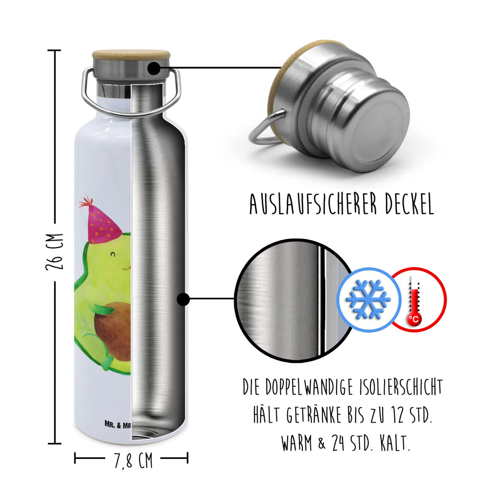 Trinkflasche Avocado Feier Thermosflasche, Isolierflasche, Edelstahl, Trinkflasche, isoliert, Wamrhaltefunktion, Sportflasche, Flasche zum Sport, Sportlerflasche, Avocado, Veggie, Vegan, Gesund, Party, Feierlichkeit, Feier, Fete, Geburtstag, Gute Laune, Tröte