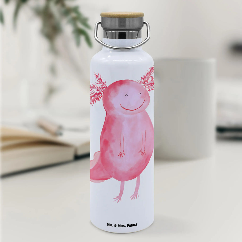 Trinkflasche Axolotl Glücklich Thermosflasche, Isolierflasche, Edelstahl, Trinkflasche, isoliert, Wamrhaltefunktion, Sportflasche, Flasche zum Sport, Sportlerflasche, Axolotl, Molch, Axolot, Schwanzlurch, Lurch, Lurche, Motivation, gute Laune