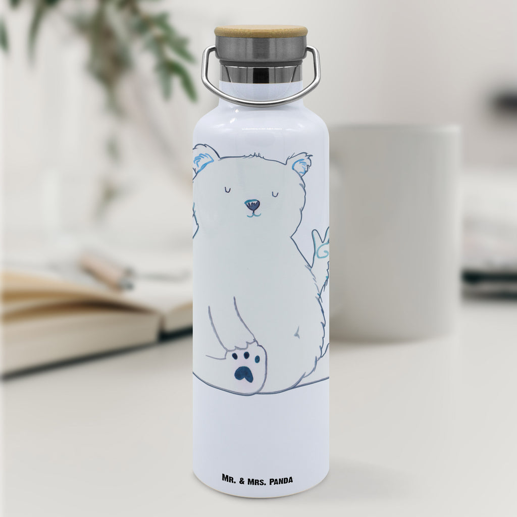 Trinkflasche Eisbär Faul Thermosflasche, Isolierflasche, Edelstahl, Trinkflasche, isoliert, Wamrhaltefunktion, Sportflasche, Flasche zum Sport, Sportlerflasche, Bär, Teddy, Teddybär, Eisbär, Nordpol, Faul, Entspannen, Relaxen, Büro, Arbeit, Bürojob, Arbeitsplatz, Homeoffice