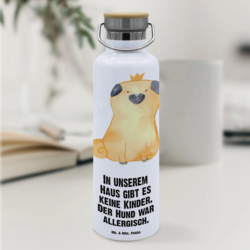 Trinkflasche Mops Krone Thermosflasche, Isolierflasche, Edelstahl, Trinkflasche, isoliert, Wamrhaltefunktion, Sportflasche, Flasche zum Sport, Sportlerflasche, Hund, Hundemotiv, Haustier, Hunderasse, Tierliebhaber, Hundebesitzer, Sprüche, Mops, allergisch, kinderlos, Hausregel, Hundebesitzer. Spruch, lustig