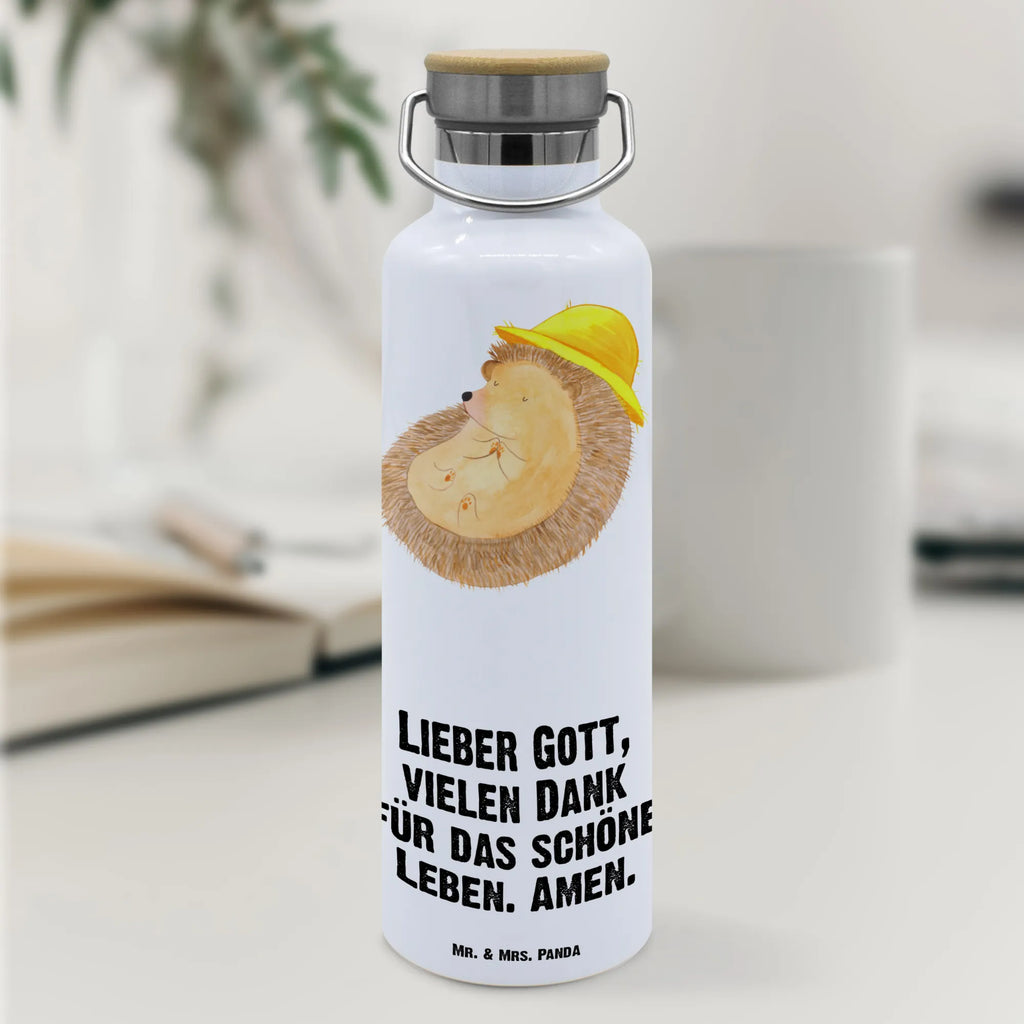 Trinkflasche Igel Beten Thermosflasche, Isolierflasche, Edelstahl, Trinkflasche, isoliert, Wamrhaltefunktion, Sportflasche, Flasche zum Sport, Sportlerflasche, Tiermotive, Gute Laune, lustige Sprüche, Tiere, Igel, Igel mit Hut, Sonnenhut, Gott, Amen, beten, Leben, Dankbarkeit, Dankbar sein, dankbar, genießen