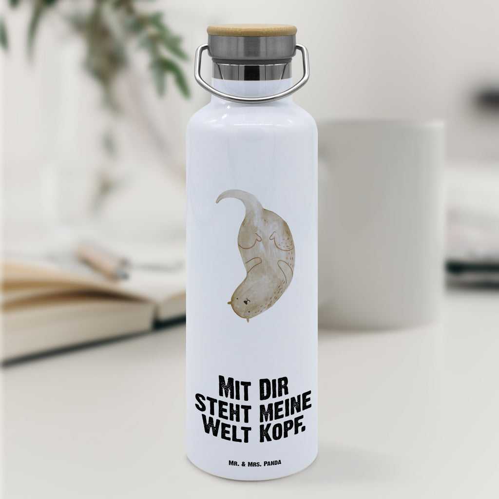 Trinkflasche Otter Kopfüber Thermosflasche, Isolierflasche, Edelstahl, Trinkflasche, isoliert, Wamrhaltefunktion, Sportflasche, Flasche zum Sport, Sportlerflasche, Otter, Fischotter, Seeotter, Otter Seeotter See Otter