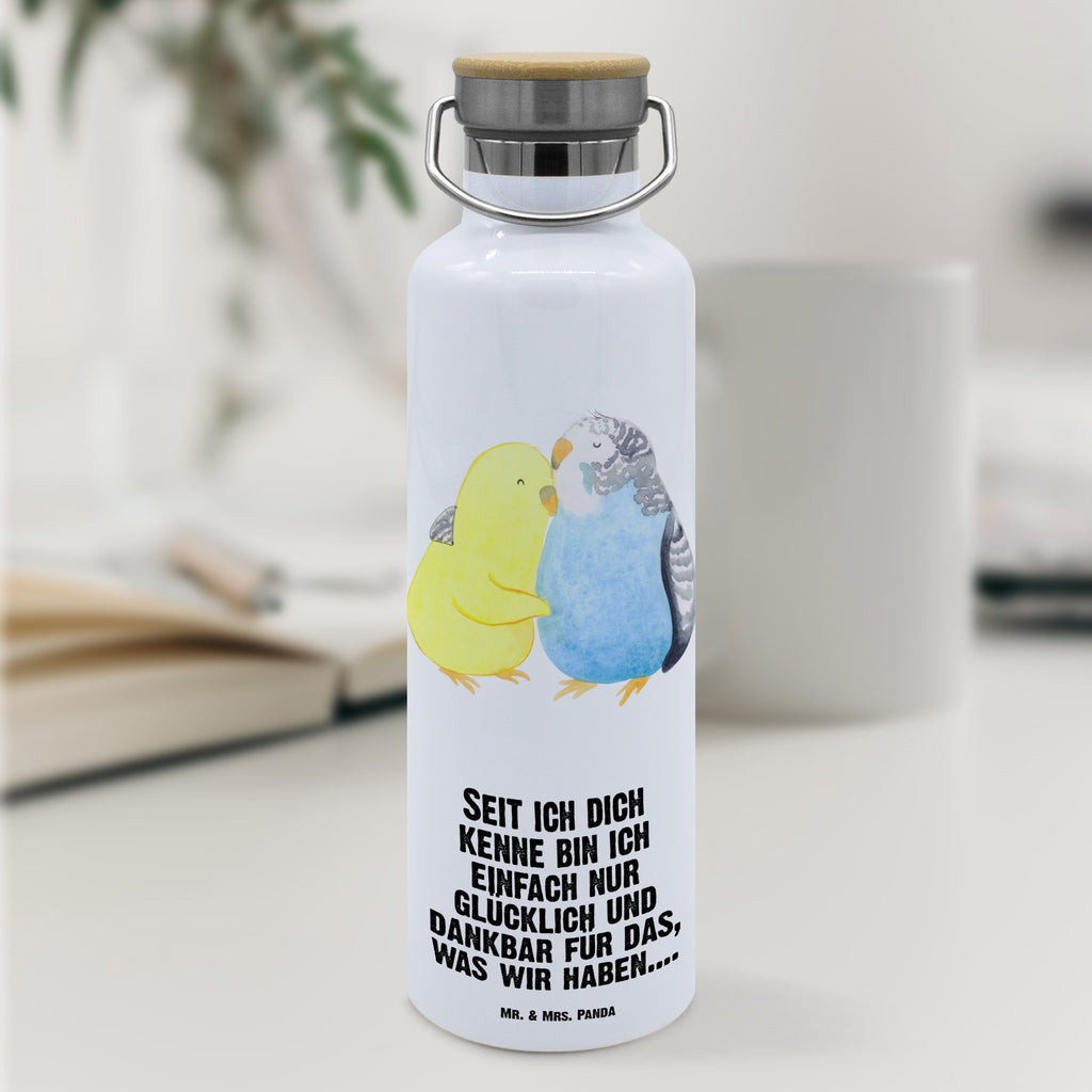 Trinkflasche Wellensittich Liebe Thermosflasche, Isolierflasche, Edelstahl, Trinkflasche, isoliert, Wamrhaltefunktion, Sportflasche, Flasche zum Sport, Sportlerflasche, Liebe, Partner, Freund, Freundin, Ehemann, Ehefrau, Heiraten, Verlobung, Heiratsantrag, Liebesgeschenk, Jahrestag, Hocheitstag, Vögel, Wellensittich, Nähe, Kuscheln, Vertrauen